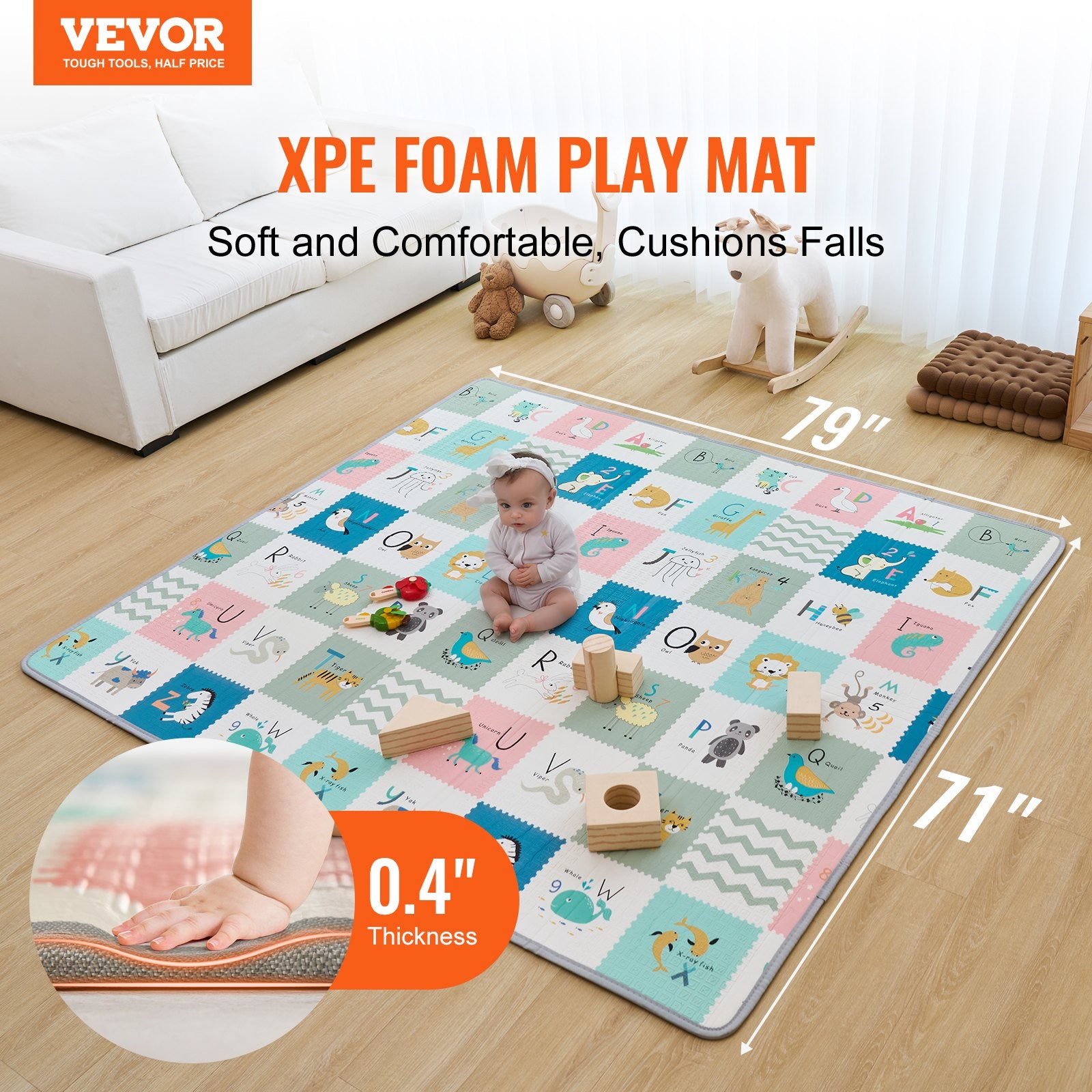 VEVOR Baby Play Mat, 71""x79"" Extra Large Baby Crawling Mat, Non-Slip One-Piece Foam Baby Playmat, Foldable Reversible Floor Mat with Travel Bag, Waterproof Activity Playmat for Babies Toddlers Infants