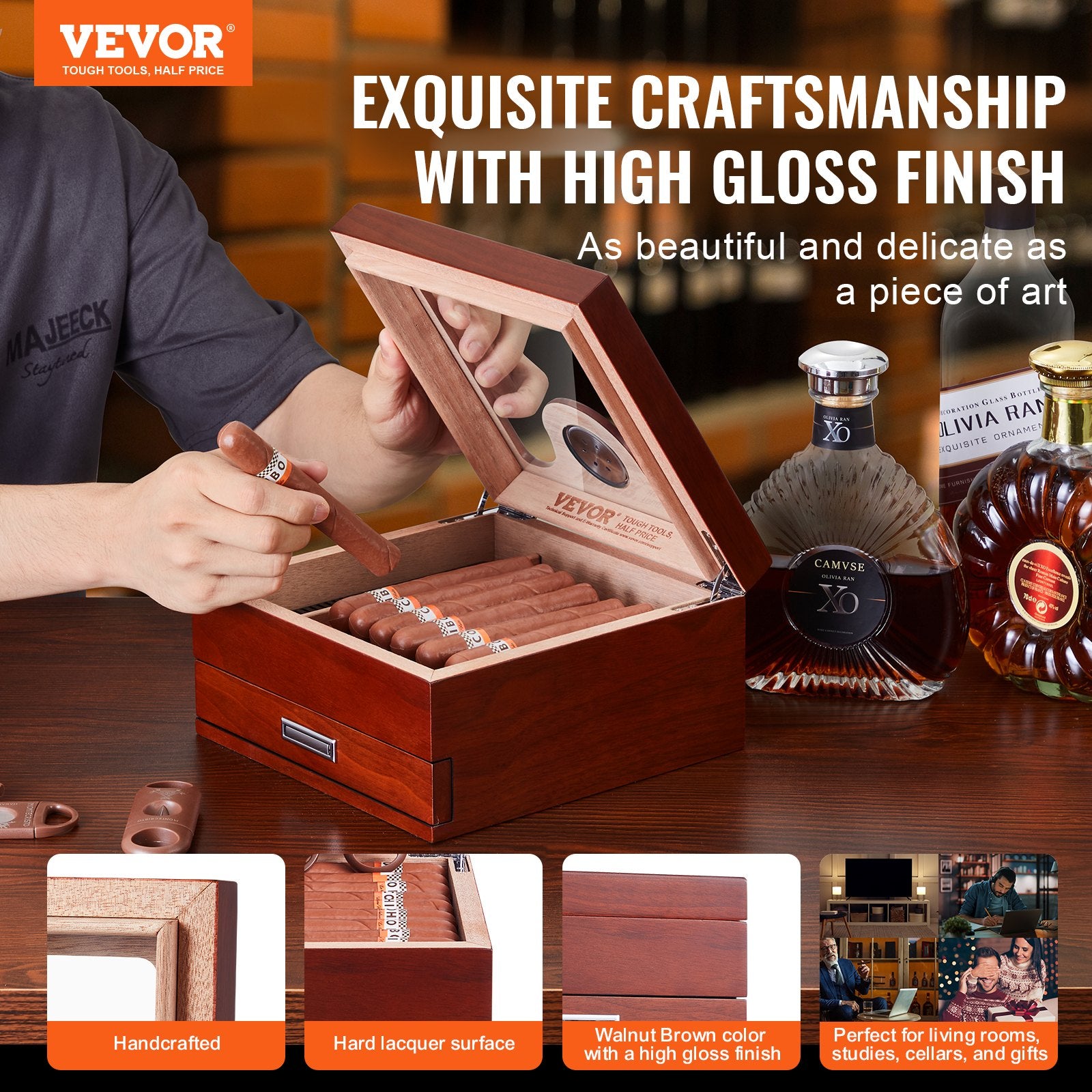 VEVOR Cigar Humidor, Glass Top Cigar Humidor Box, Handmade Spanish Cedar Wood Cigar Desktop Box, Cigar Storage Case with Humidifier, Hygrometer, Divider and Accessory Drawer, 20-35 Cigars