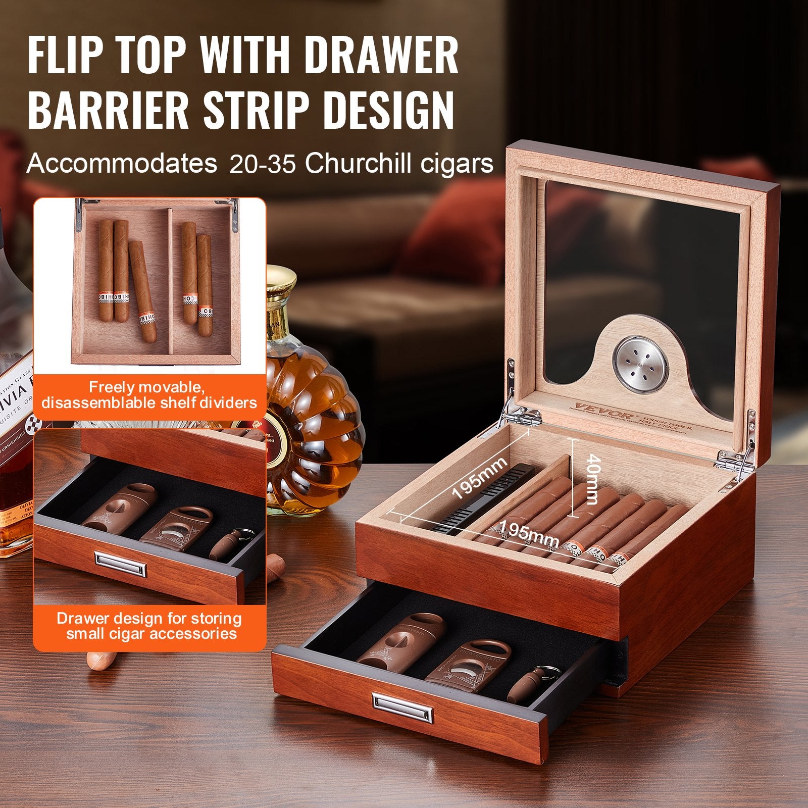 VEVOR Cigar Humidor, Glass Top Cigar Humidor Box, Handmade Spanish Cedar Wood Cigar Desktop Box, Cigar Storage Case with Humidifier, Hygrometer, Divider and Accessory Drawer, 20-35 Cigars