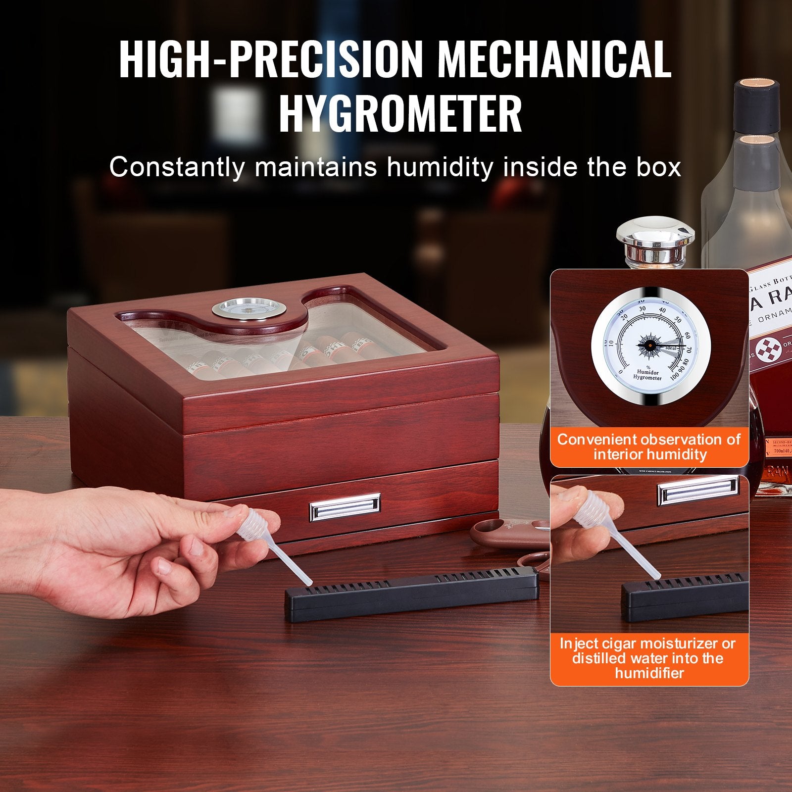 VEVOR Cigar Humidor, Glass Top Cigar Humidor Box, Handmade Spanish Cedar Wood Cigar Desktop Box, Cigar Storage Case with Humidifier, Hygrometer, Divider and Accessory Drawer, 20-35 Cigars