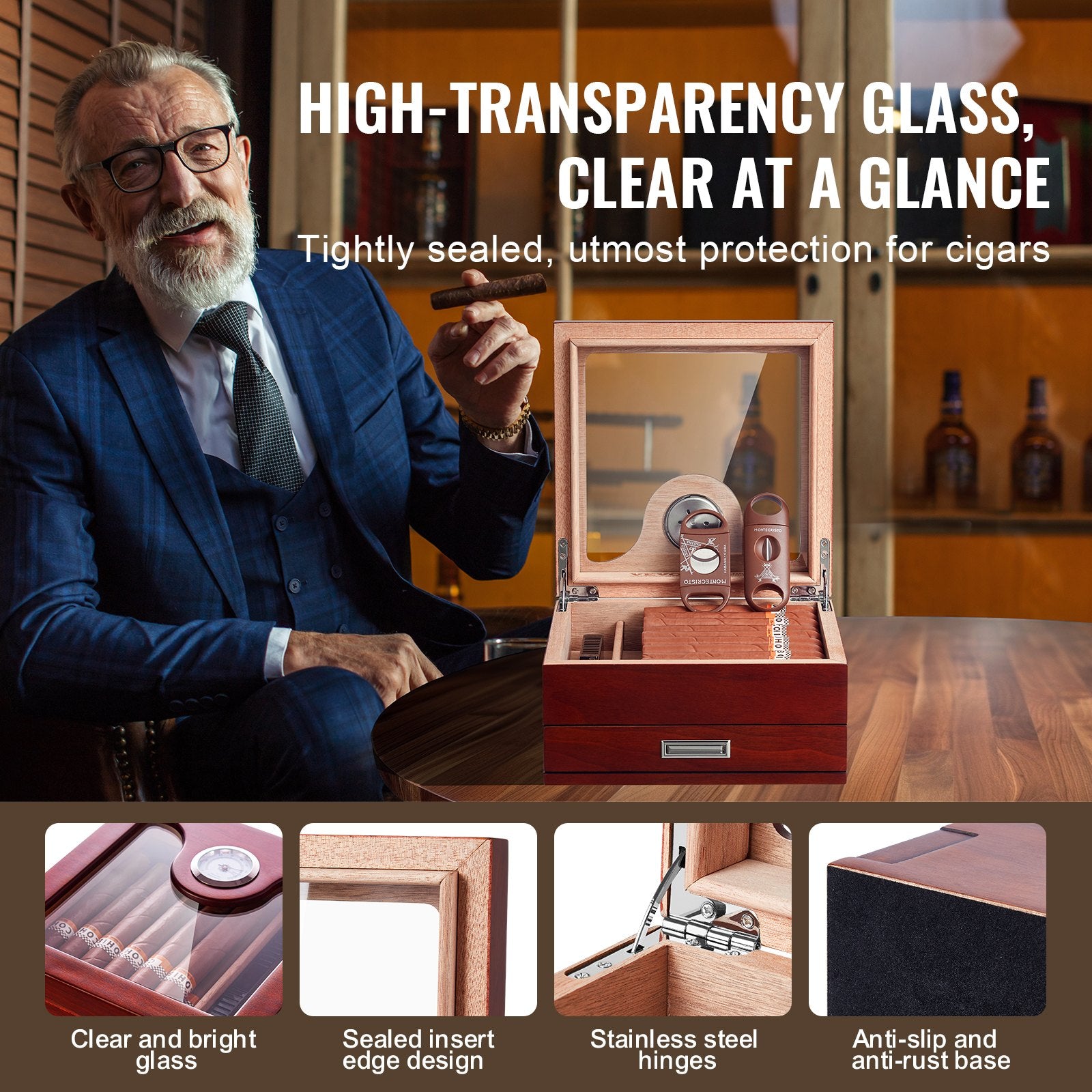 VEVOR Cigar Humidor, Glass Top Cigar Humidor Box, Handmade Spanish Cedar Wood Cigar Desktop Box, Cigar Storage Case with Humidifier, Hygrometer, Divider and Accessory Drawer, 20-35 Cigars