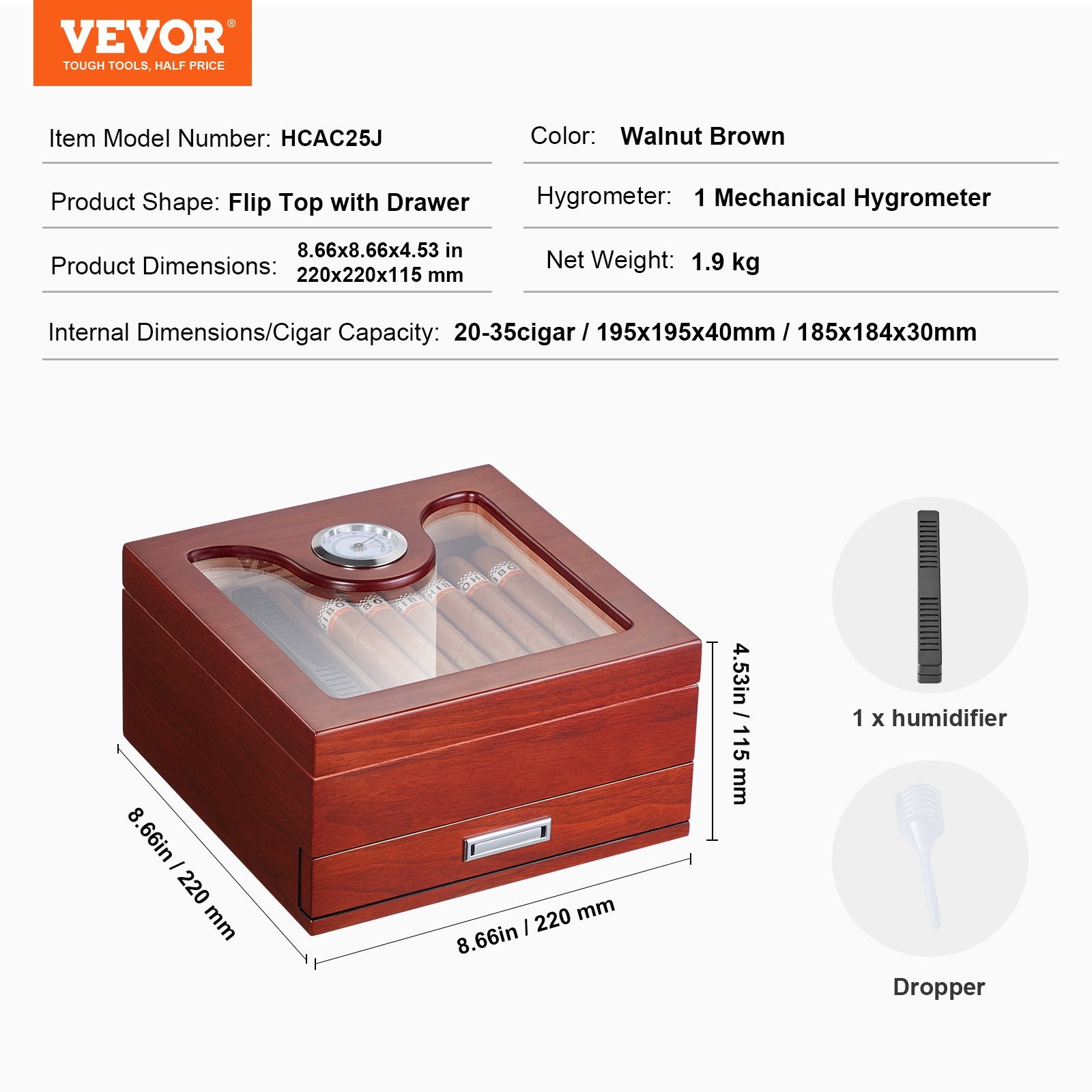 VEVOR Cigar Humidor, Glass Top Cigar Humidor Box, Handmade Spanish Cedar Wood Cigar Desktop Box, Cigar Storage Case with Humidifier, Hygrometer, Divider and Accessory Drawer, 20-35 Cigars