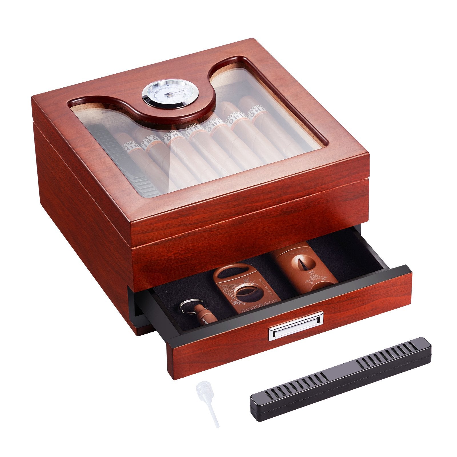 VEVOR Cigar Humidor, Glass Top Cigar Humidor Box, Handmade Spanish Cedar Wood Cigar Desktop Box, Cigar Storage Case with Humidifier, Hygrometer, Divider and Accessory Drawer, 20-35 Cigars