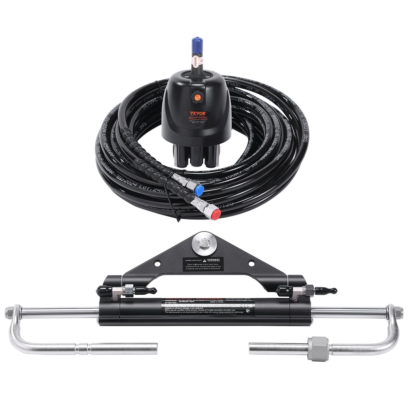 VEVOR 150HP Hydraulic Outboard Steering Kit Boat Marine System, Built-in Two-Way Lock Cylinder, 150HP Pump and High-Strength Nylon Hose for Single Station, Single-Engine use