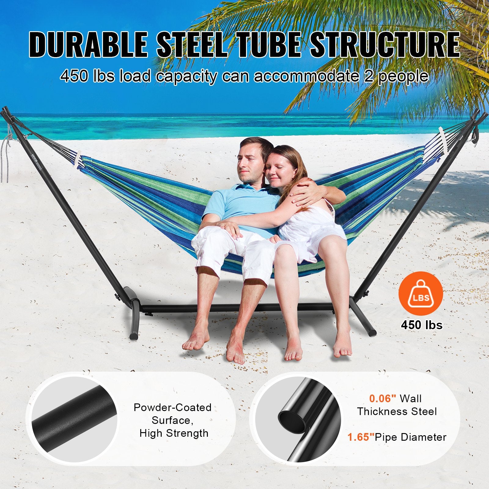 VEVOR Portable Hammock Stand, 450lbs Capacity Steel Hammock Stand for 2 Person, Heavy Duty Adjustable Hooks Hammock Frame Fits 10-13 ft Hammocks, Space Saving with Carrying Bag for Outdoor or Indoor
