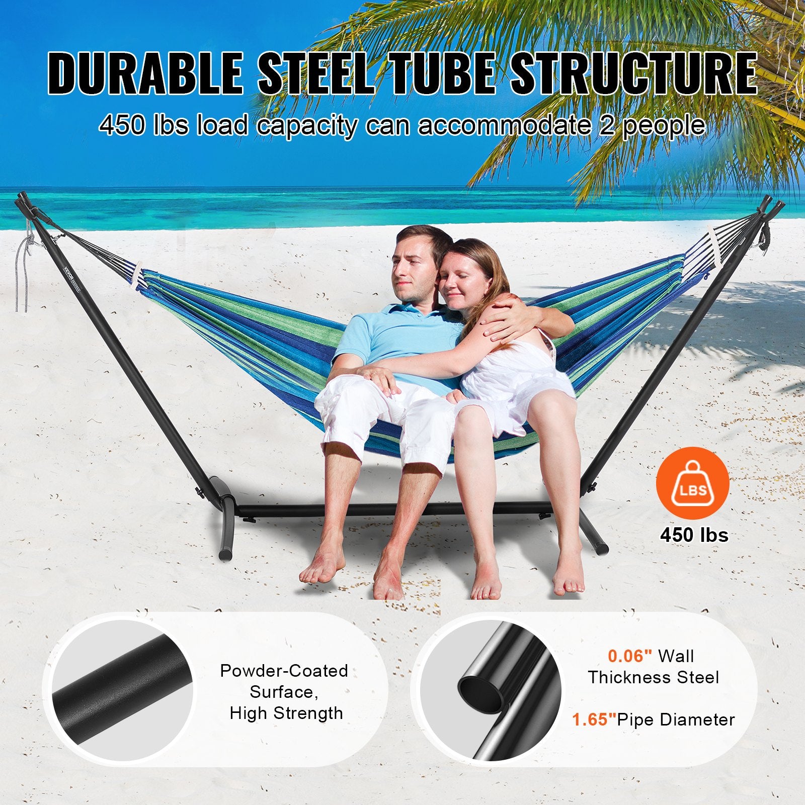 VEVOR Portable Hammock Stand, 450lbs Capacity Steel Hammock Stand for 2 Person, Heavy Duty Adjustable Hooks Hammock Frame Fits 9.5-12.6 ft Hammocks, Space Saving with Carrying Bag for Outdoor or Indoor