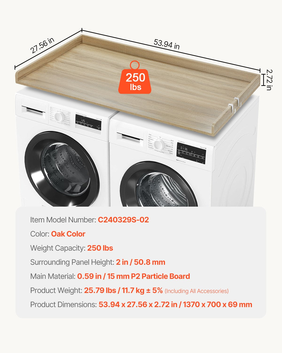 VEVOR Washer Dryer Countertop, 54" x 27" Wooden Washer and Dryer Countertop, Water-Resistant Laundry Machine Topper Cover with Anti-Slip Pads, for Laundry Room Organization and Storage, Oak