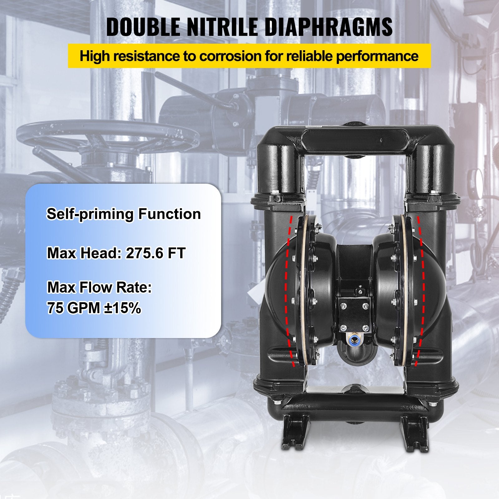 VEVOR 75 GPM Air-Operated Double Diaphragm Pump 2 Inch Inlet And Outlet