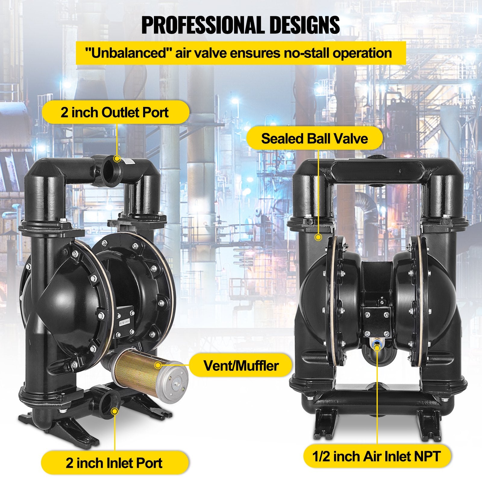 VEVOR 75 GPM Air-Operated Double Diaphragm Pump 2 Inch Inlet And Outlet
