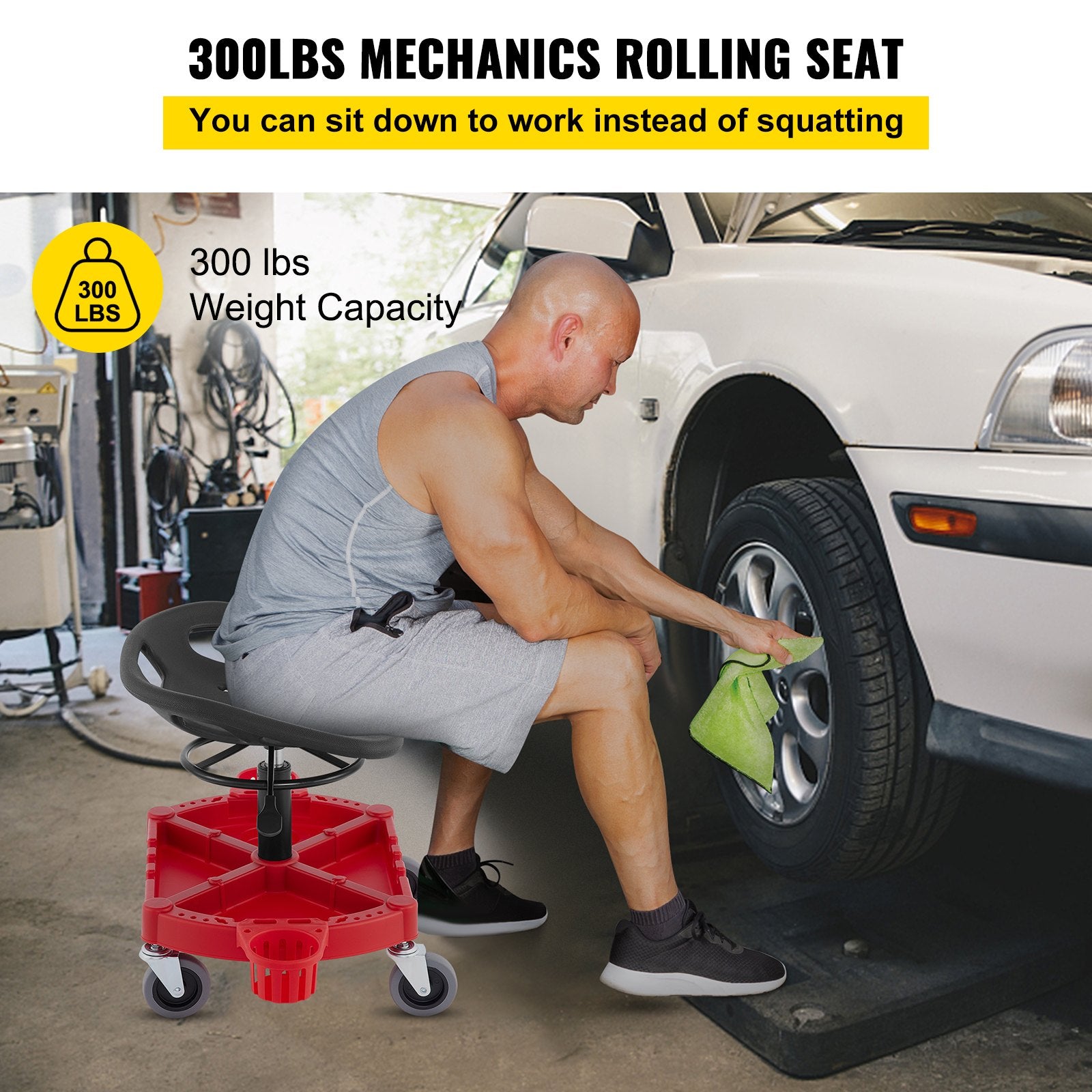 VEVOR Rolling Garage Stool, 300LBS Capacity, Adjustable Height from 18 in to 23 in, 360-degree Swivel Wheels 4\" , Large Tool Tray with Two Bottle Holder, for Workshop, Auto Repair Shop, Red