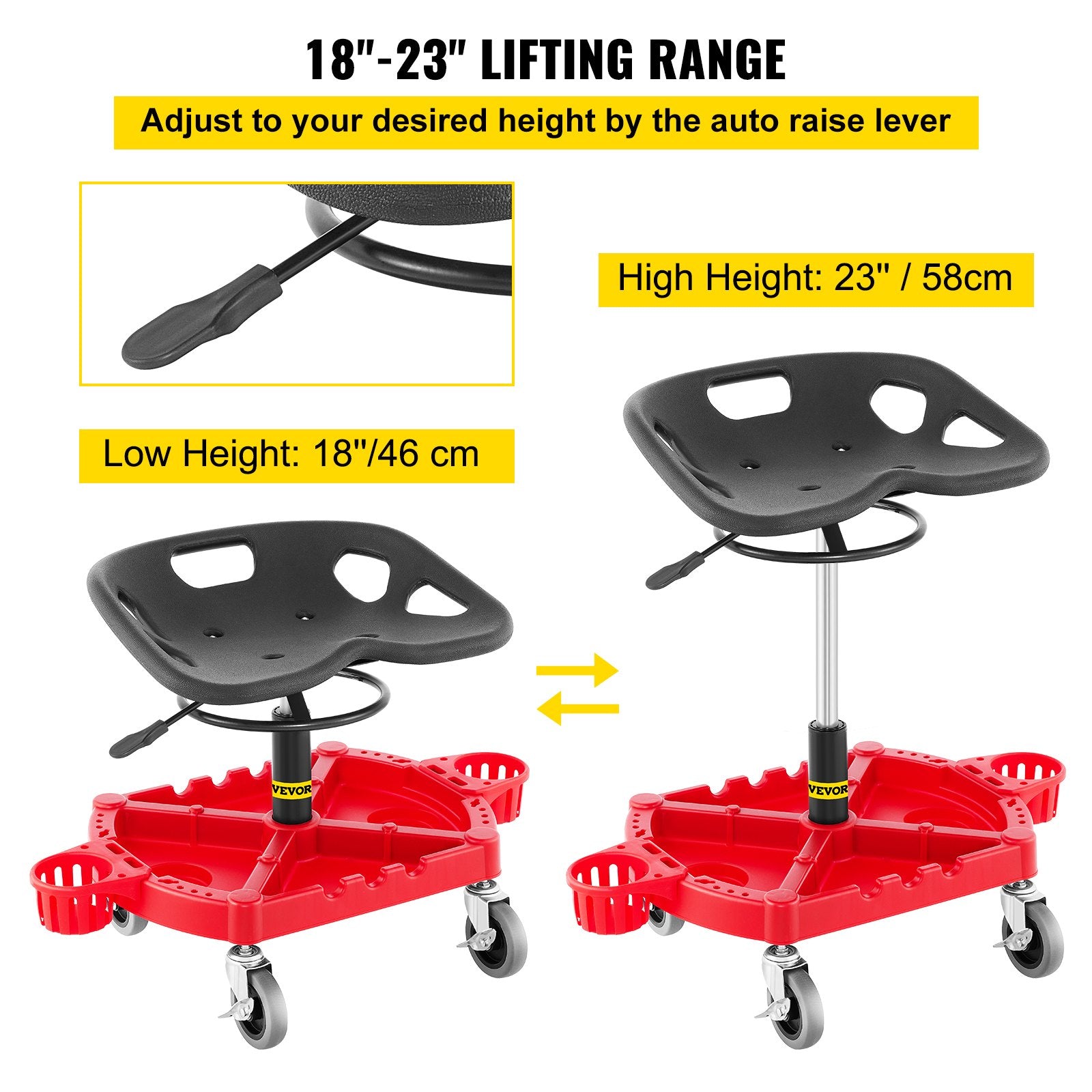 VEVOR Rolling Garage Stool, 300LBS Capacity, Adjustable Height from 18 in to 23 in, 360-degree Swivel Wheels 4\" , Large Tool Tray with Two Bottle Holder, for Workshop, Auto Repair Shop, Red