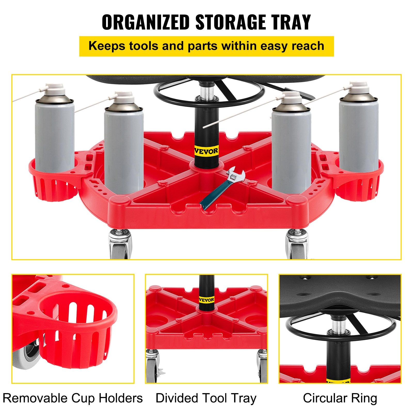 VEVOR Rolling Garage Stool, 300LBS Capacity, Adjustable Height from 18 in to 23 in, 360-degree Swivel Wheels 4\" , Large Tool Tray with Two Bottle Holder, for Workshop, Auto Repair Shop, Red