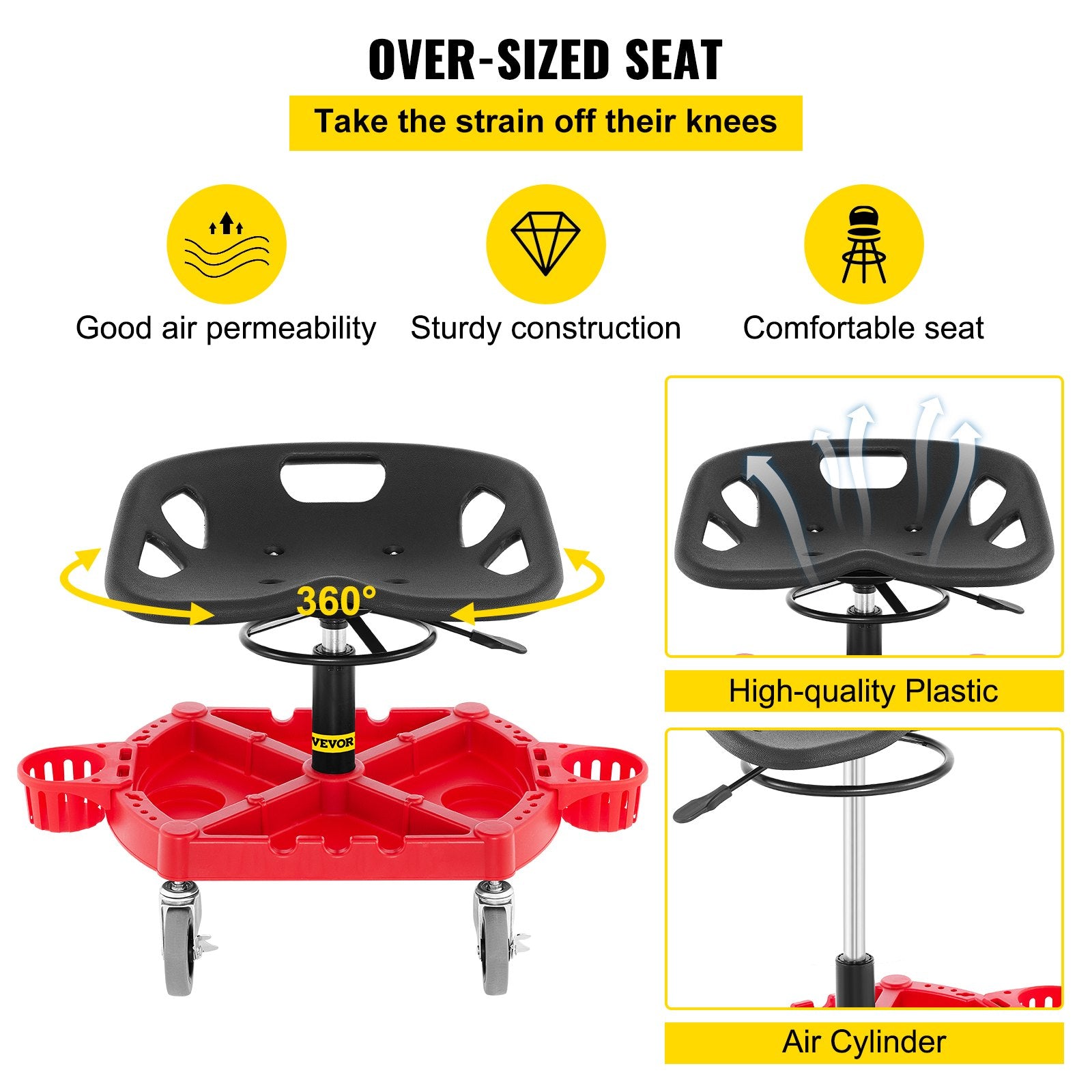 VEVOR Rolling Garage Stool, 300LBS Capacity, Adjustable Height from 18 in to 23 in, 360-degree Swivel Wheels 4\" , Large Tool Tray with Two Bottle Holder, for Workshop, Auto Repair Shop, Red