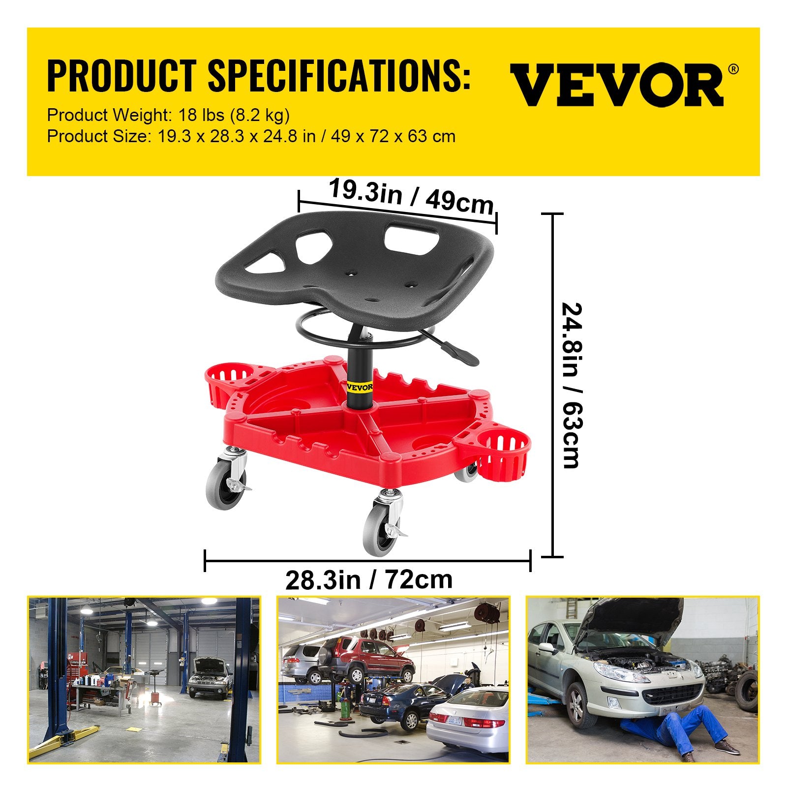 VEVOR Rolling Garage Stool, 300LBS Capacity, Adjustable Height from 18 in to 23 in, 360-degree Swivel Wheels 4\" , Large Tool Tray with Two Bottle Holder, for Workshop, Auto Repair Shop, Red