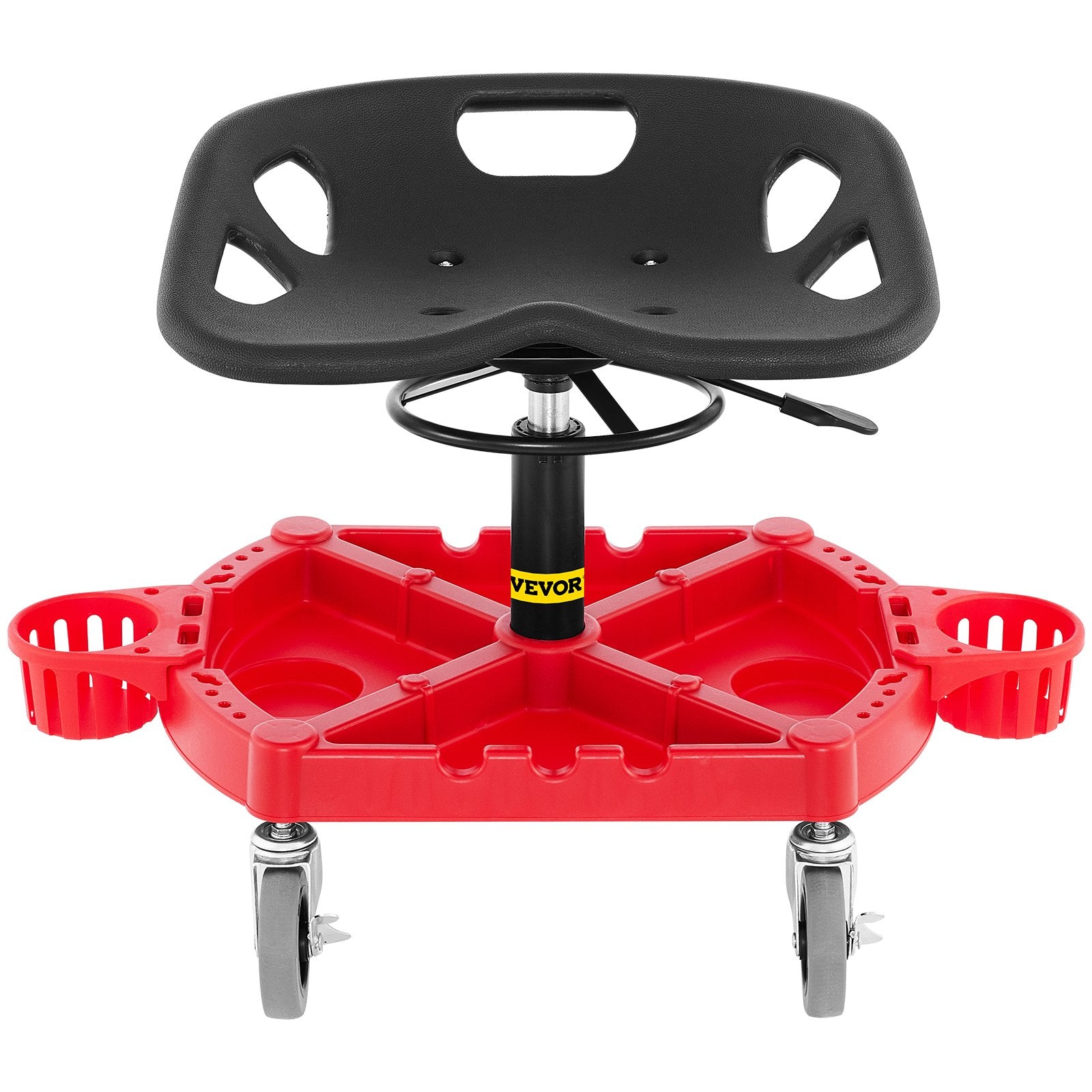 VEVOR Rolling Garage Stool, 300LBS Capacity, Adjustable Height from 18 in to 23 in, 360-degree Swivel Wheels 4\" , Large Tool Tray with Two Bottle Holder, for Workshop, Auto Repair Shop, Red