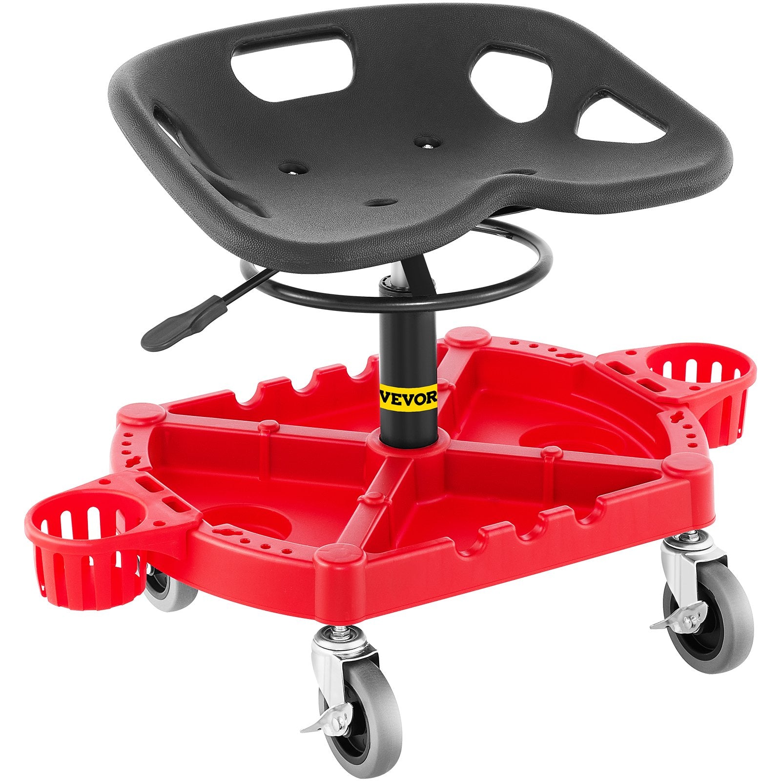 VEVOR Rolling Garage Stool, 300LBS Capacity, Adjustable Height from 18 in to 23 in, 360-degree Swivel Wheels 4\" , Large Tool Tray with Two Bottle Holder, for Workshop, Auto Repair Shop, Red