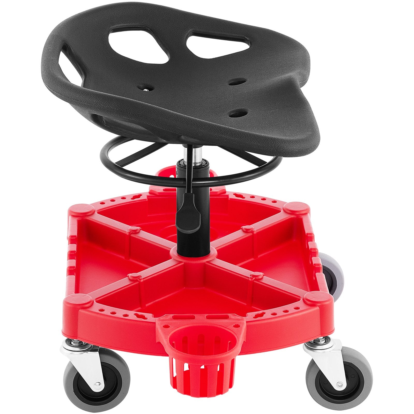 VEVOR Rolling Garage Stool, 300LBS Capacity, Adjustable Height from 18 in to 23 in, 360-degree Swivel Wheels 4\" , Large Tool Tray with Two Bottle Holder, for Workshop, Auto Repair Shop, Red