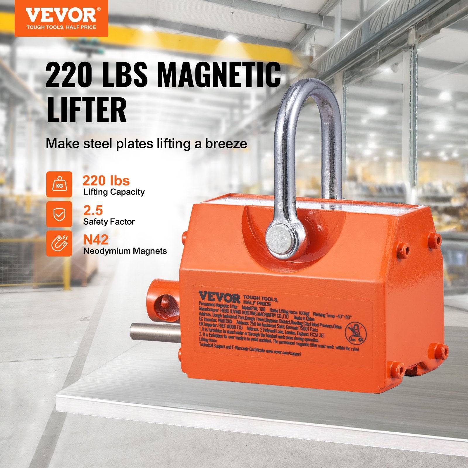 VEVOR Magnetic Lifter, 100 kg/220 lbs Pulling Capacity, 2.5 Safety Factor, Neodymium & Steel, Lifting Magnet with Release, Permanent Lift Magnets, Heavy Duty Magnet for Hoist, Shop Crane, Block, Board