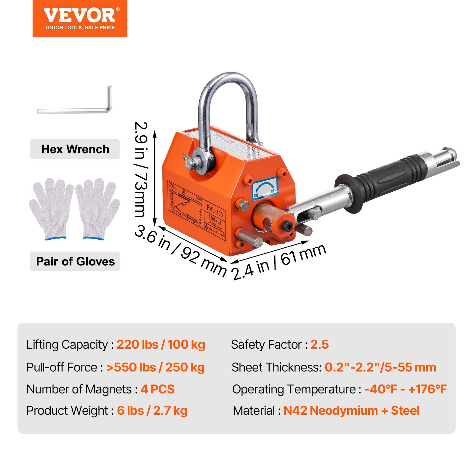 VEVOR Magnetic Lifter, 100 kg/220 lbs Pulling Capacity, 2.5 Safety Factor, Neodymium & Steel, Lifting Magnet with Release, Permanent Lift Magnets, Heavy Duty Magnet for Hoist, Shop Crane, Block, Board