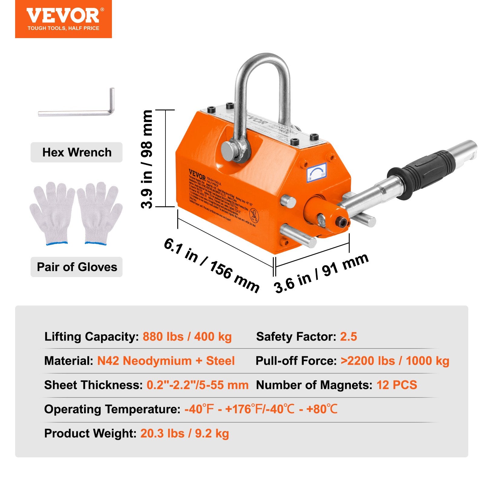 VEVOR Magnetic Lifter, 400 kg/880 lbs Pulling Capacity, 2.5 Safety Factor, Neodymium & Steel, Lifting Magnet with Release, Permanent Lift Magnets, Heavy Duty Magnet for Hoist, Shop Crane, Block, Board