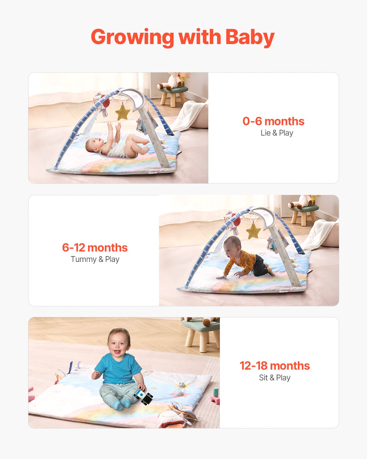 VEVOR Baby Play Gym Mat, Tummy Time Mat with 6 Sensory Toys, Baby Activity Mat with Light-up Musical Rocket Toy for 0-18 Month Newborn Infant, Baby Essential Gift for Sensory & Motor Skill Development