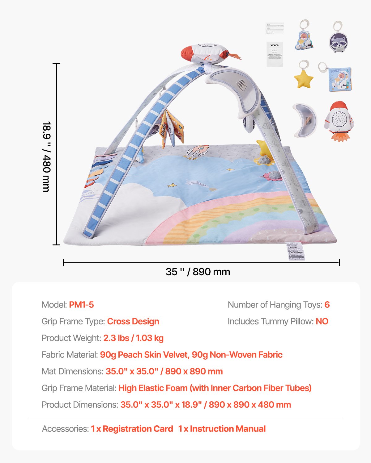 VEVOR Baby Play Gym Mat, Tummy Time Mat with 6 Sensory Toys, Baby Activity Mat with Light-up Musical Rocket Toy for 0-18 Month Newborn Infant, Baby Essential Gift for Sensory & Motor Skill Development
