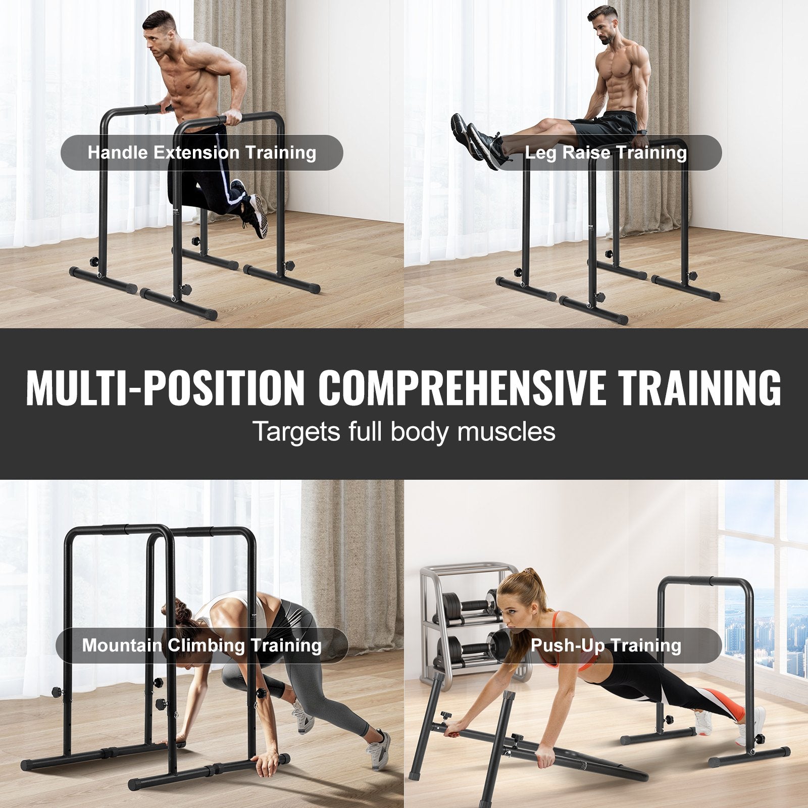 VEVOR Dip Bars, 200 kg Capacity, Heave Duty Dip Stand Station with Adjustable Height, Fitness Workout Dip Bar Station Stabilizer Parallette Push Up Stand, Parallel Bars for Strength Training Home Gym
