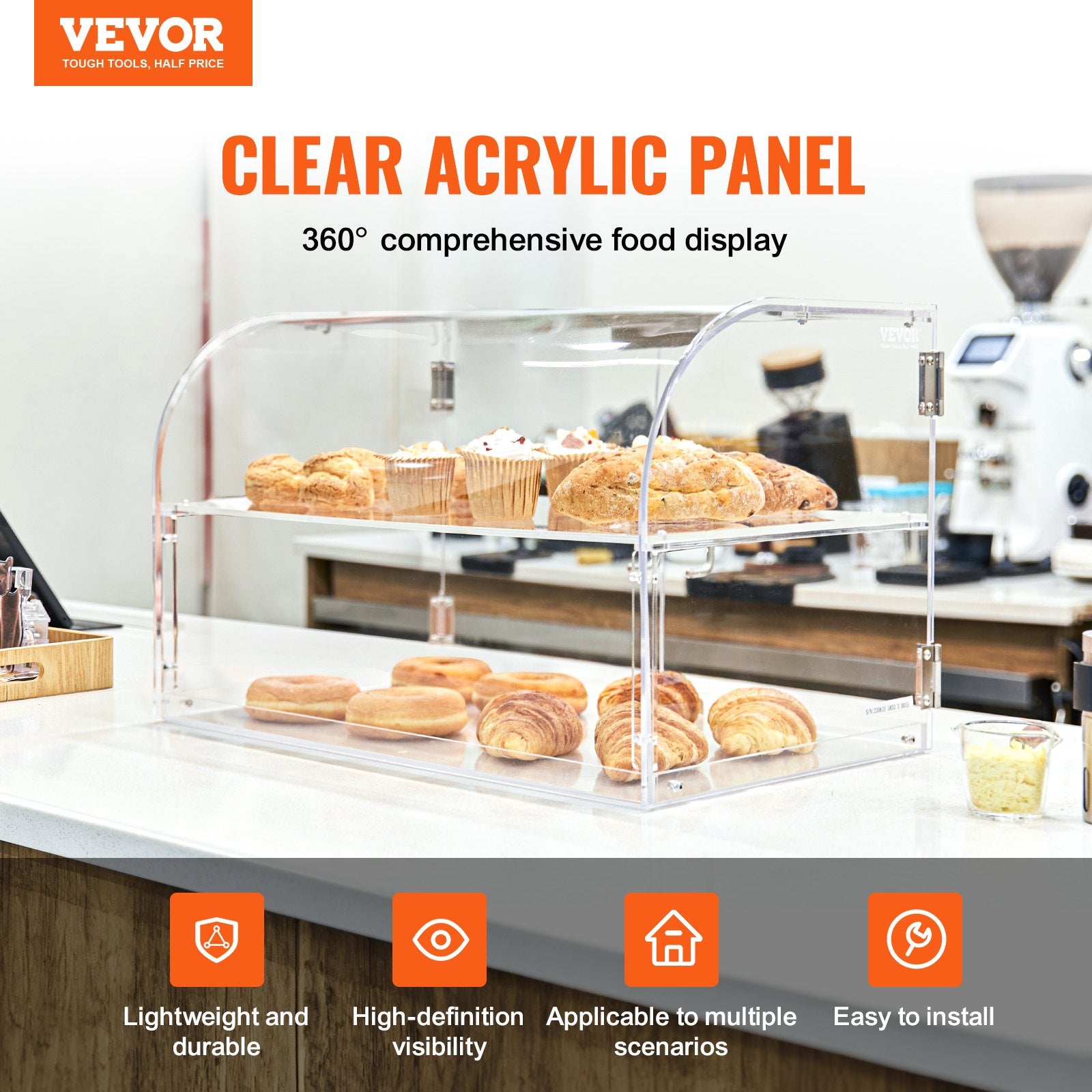 VEVOR Pastry Display Case, 2-Tier Commercial Countertop Bakery Display Case, Acrylic Display Box with Rear Door Access & Removable Shelves, Keep Fresh for Donut Bagels Cake Cookie