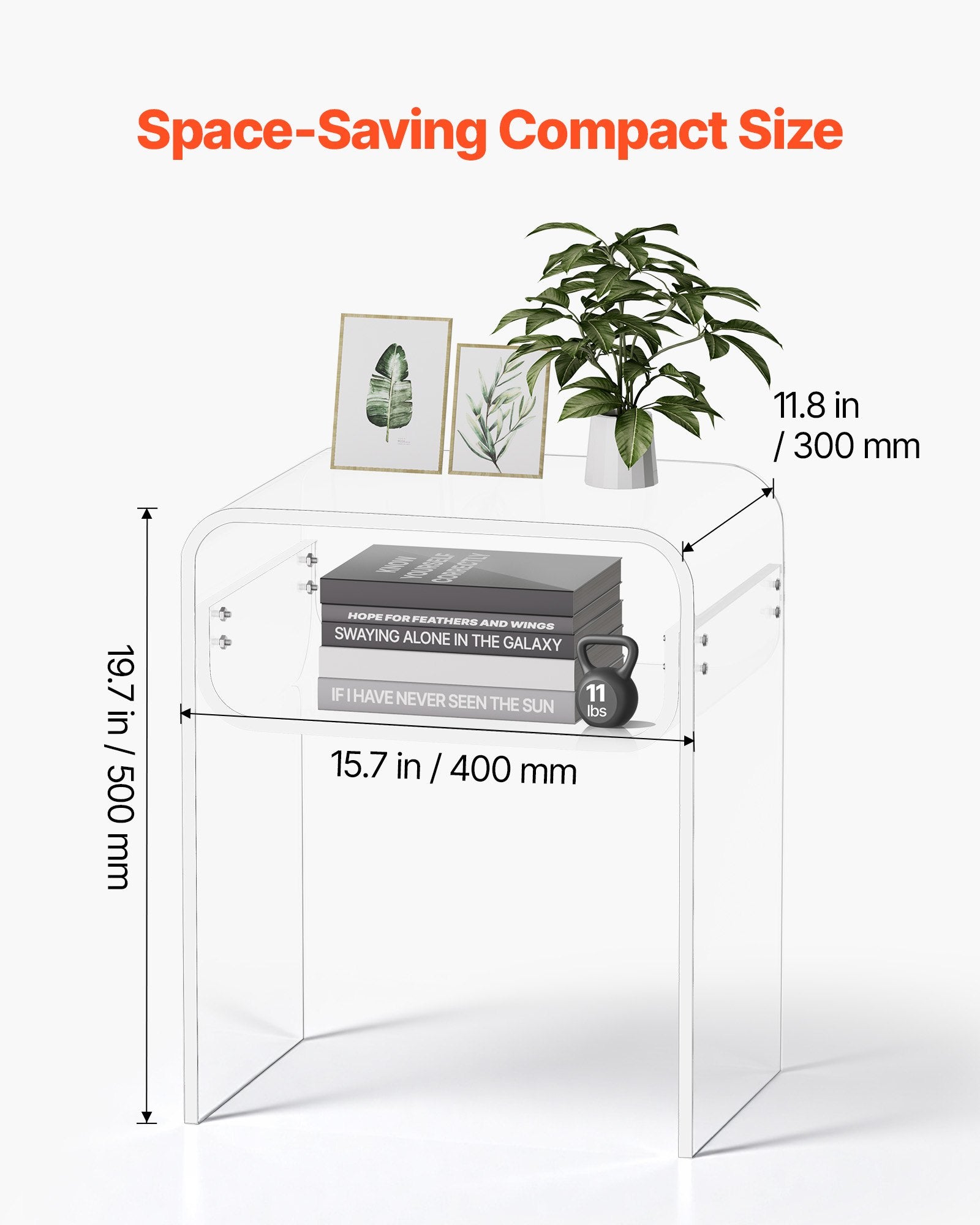 VEVOR Acrylic Side Table, 2 Tiers Clear Bedside Table with Storage Shelf, Modern Rectangle Acrylic End Desk, Transparent Thick Nightstand for Bedroom, Living Room, Study, 30 x 40 x 50 cm Clear