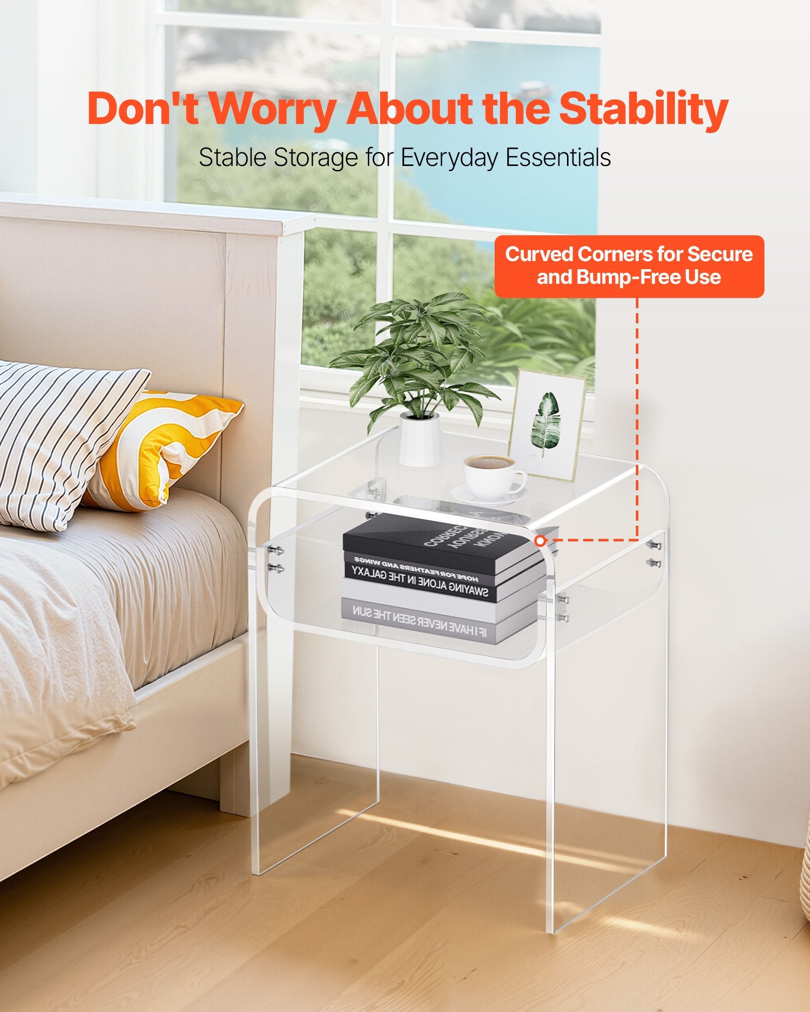 VEVOR Acrylic Side Table, 2 Tiers Clear Bedside Table with Storage Shelf, Modern Rectangle Acrylic End Desk, Transparent Thick Nightstand for Bedroom, Living Room, Study, 30 x 40 x 50 cm Clear