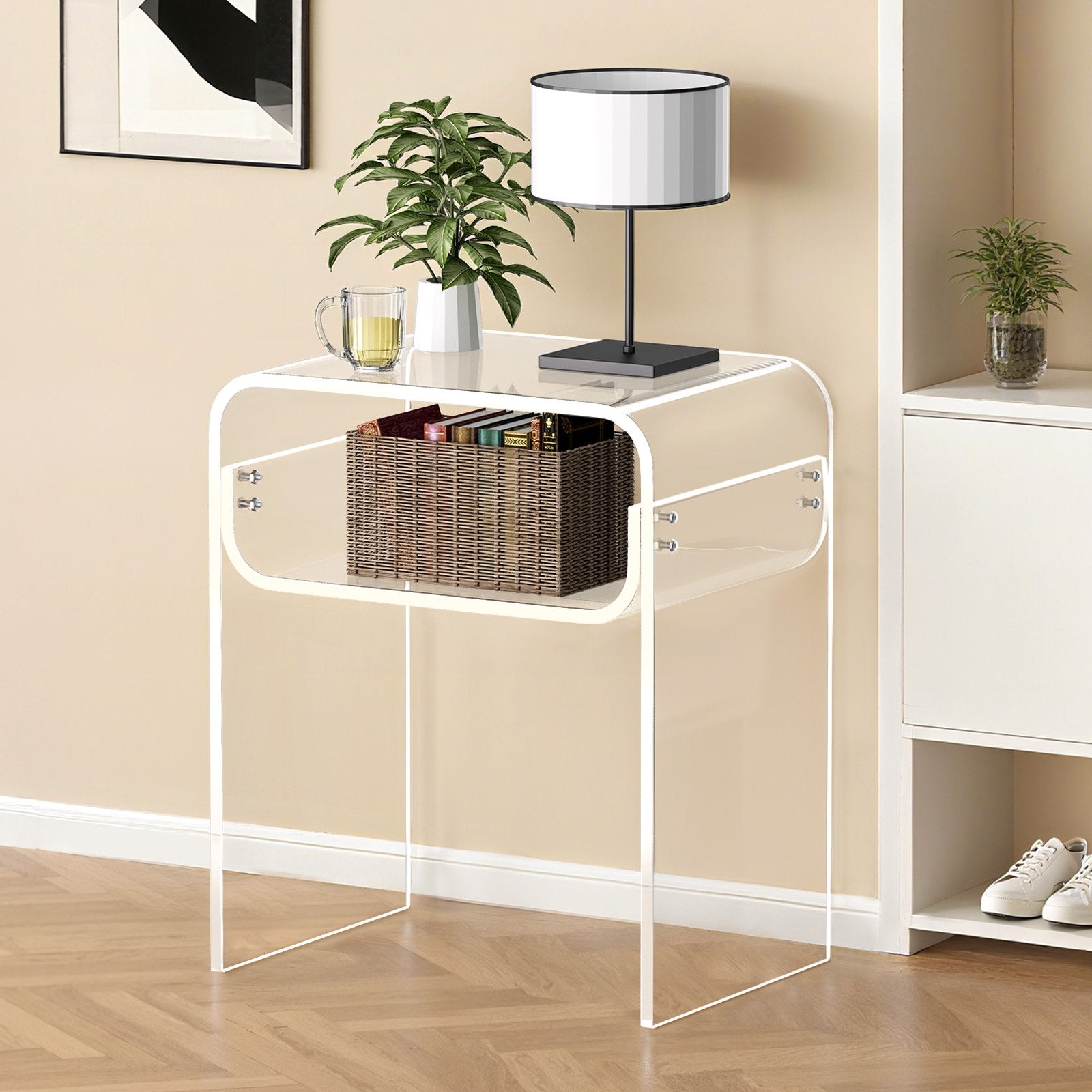 VEVOR Acrylic Side Table, 2 Tiers Clear Bedside Table with Storage Shelf, Modern Rectangle Acrylic End Desk, Transparent Thick Nightstand for Bedroom, Living Room, Study, 30 x 40 x 50 cm Clear
