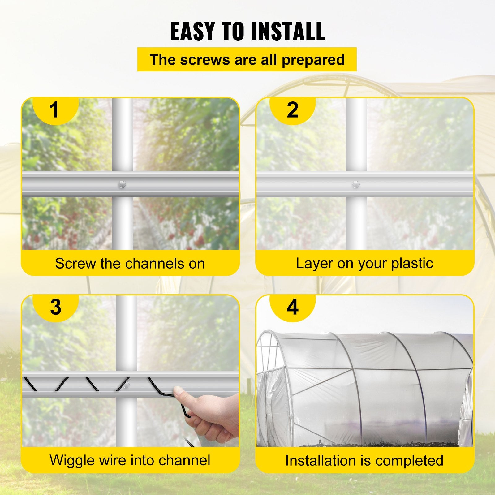 VEVOR Spring Wire and Lock Channel,2 m Spring Lock & U-Channel Bundle for Greenhouse, 20 Packs PE Coated Spring Wire & Aluminum Alloy Channel, Plastic Poly Film or Shade Cloth Attachment with Screw