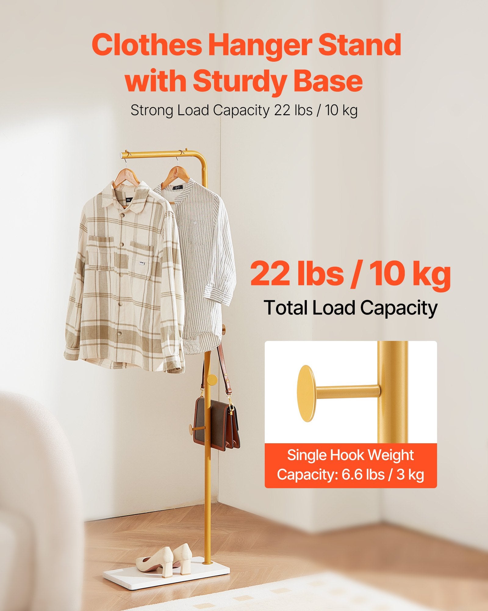 VEVOR Coat Rack, Freestanding Coats Rack Stand with Quartz Stone Base & 3 Round Hooks, Free Standing Hall Coat Tree for Entryway, Bedroom, Living Room, Stylish Clothes Hanger Stand for Coats, Hat, Bag