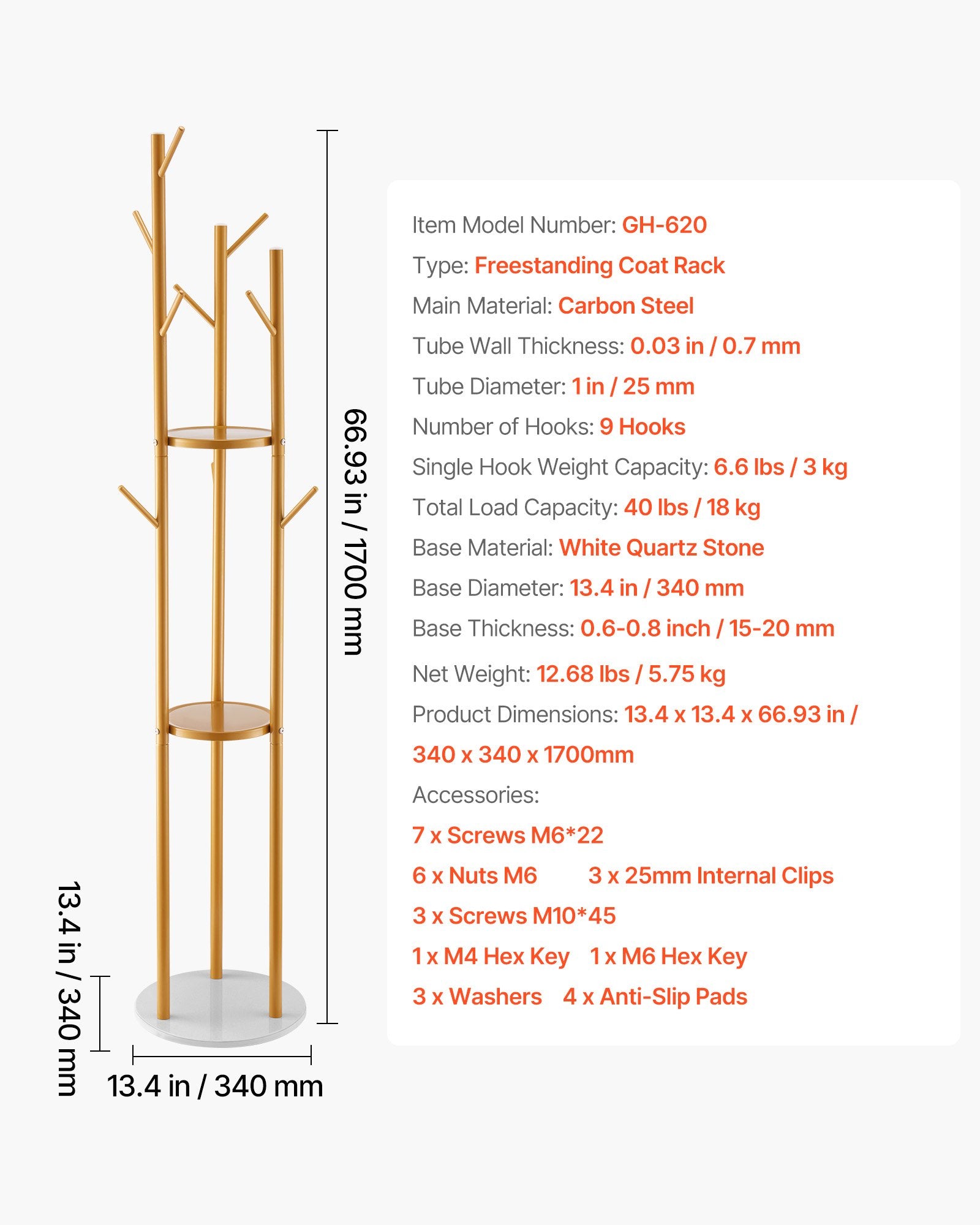 VEVOR Coat Rack, Freestanding Coat Rack Stand with Quartz Stone Base & 9 Hooks, Free Standing Hall Coat Tree for Entryway, Bedroom, Office, Living Room, Modern Clothes Hanger for Coat, Hat, Scarf, Bag