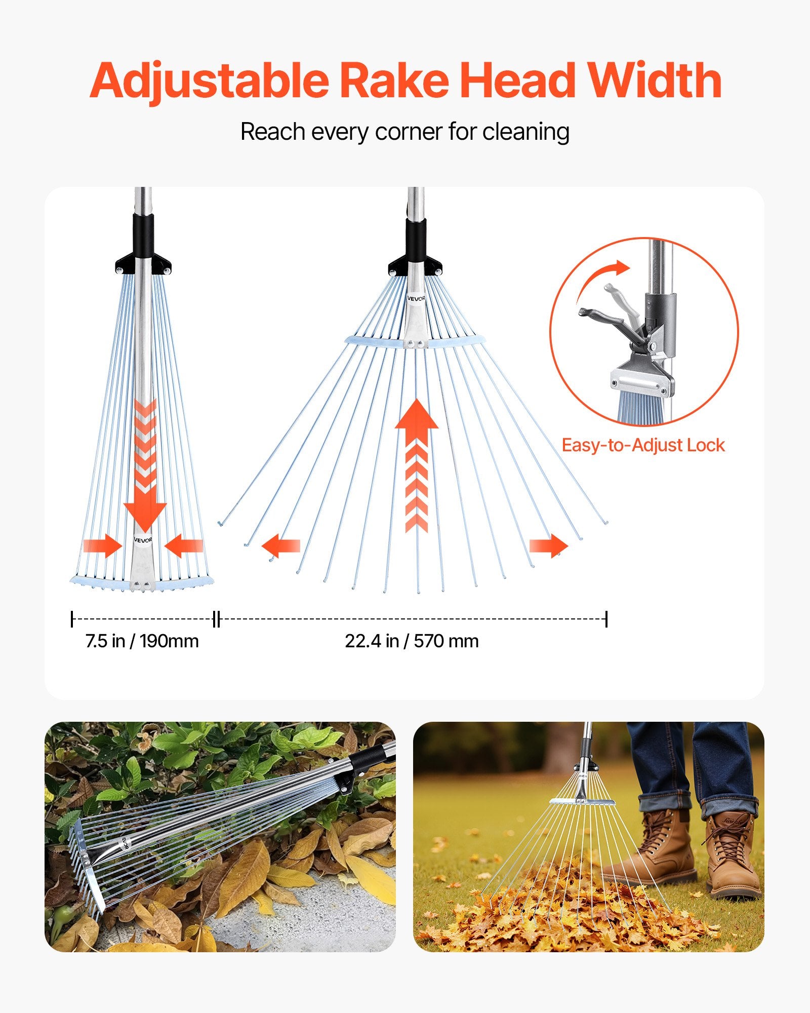 VEVOR Leaf Rake, 15 Metal Tines, Adjustable Garden Rake for Lawns with 19-57 cm Wide Head and 81.3-160 cm Long Handle, Heavy Duty Stainless Steel Small Leaves Tool for Gardening Camping Yard Grass