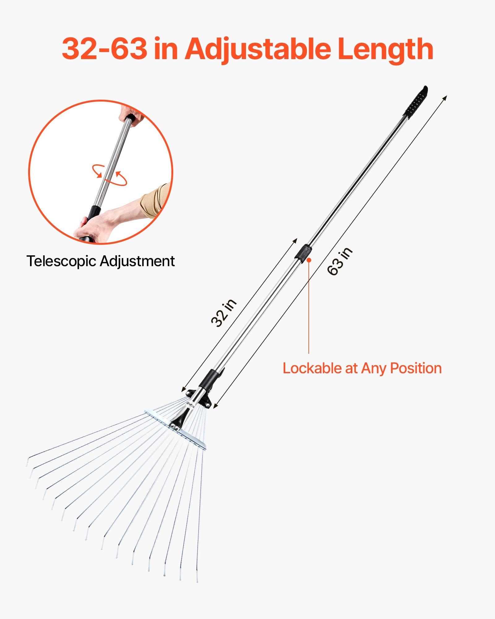 VEVOR Leaf Rake, 15 Metal Tines, Adjustable Garden Rake for Lawns with 19-57 cm Wide Head and 81.3-160 cm Long Handle, Heavy Duty Stainless Steel Small Leaves Tool for Gardening Camping Yard Grass