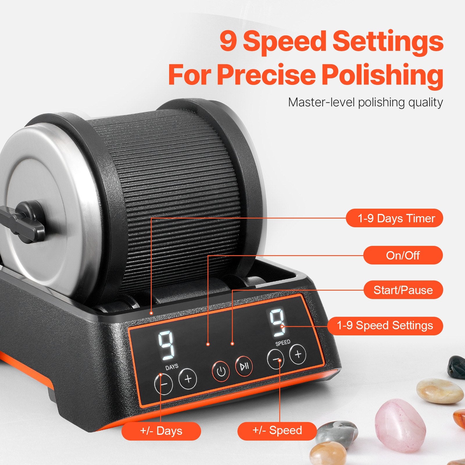 VEVOR Rock Tumbler Kit, 2.5 lbs Rock Polishing Kit, 9 Speed Settings 9-Day Polishing Timer Stone Polishing Kit, Rock Polisher with Rough Gemstones and Polishing Grits, Rock Polisher for Kids Adults