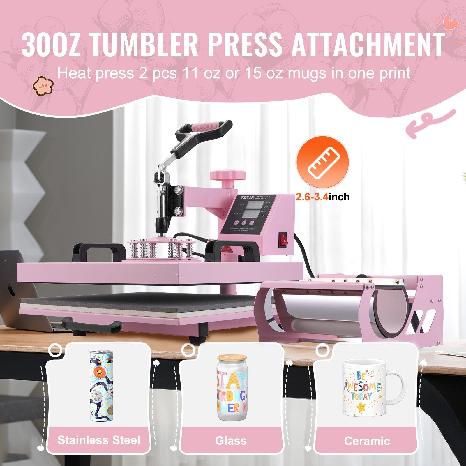 VEVOR Heat Press Machine, 15 x 15 inch, 5 in 1 Heat Transfer Machine with 30 oz Tumbler Press, 360° Swing Away T-Shirt Pressing, Digital Precise Control, for T-Shirts/Mugs/Hats/Plates, Pink