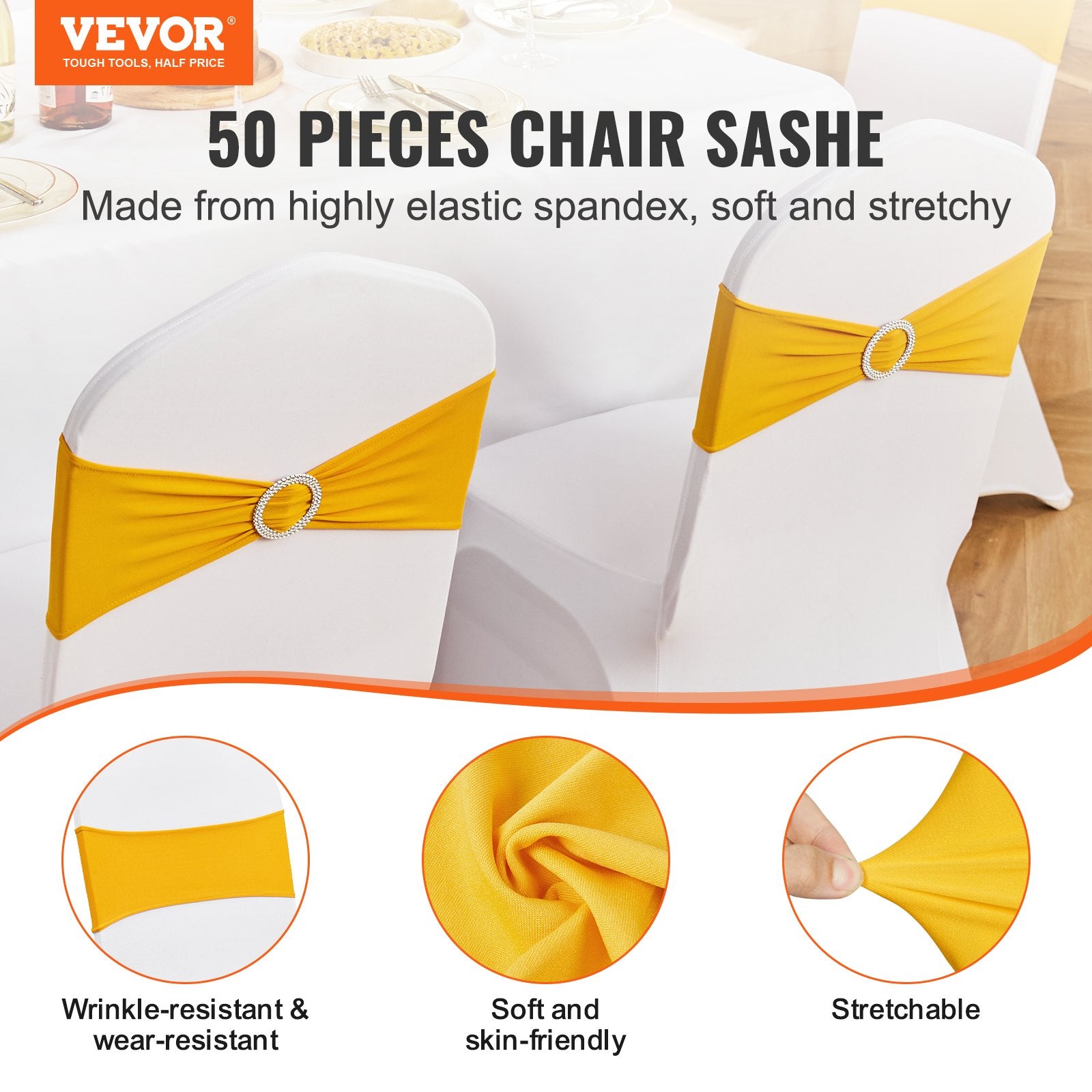 VEVOR Stretch Spandex Chair Sashes, Chair Slipcover and Stretch Chair Sash with Round Buckle, Elastic Chair Bands, Fitting Wedding, Holiday, Banquet, Party Chair Decoration 50 PCS Golden Yellow