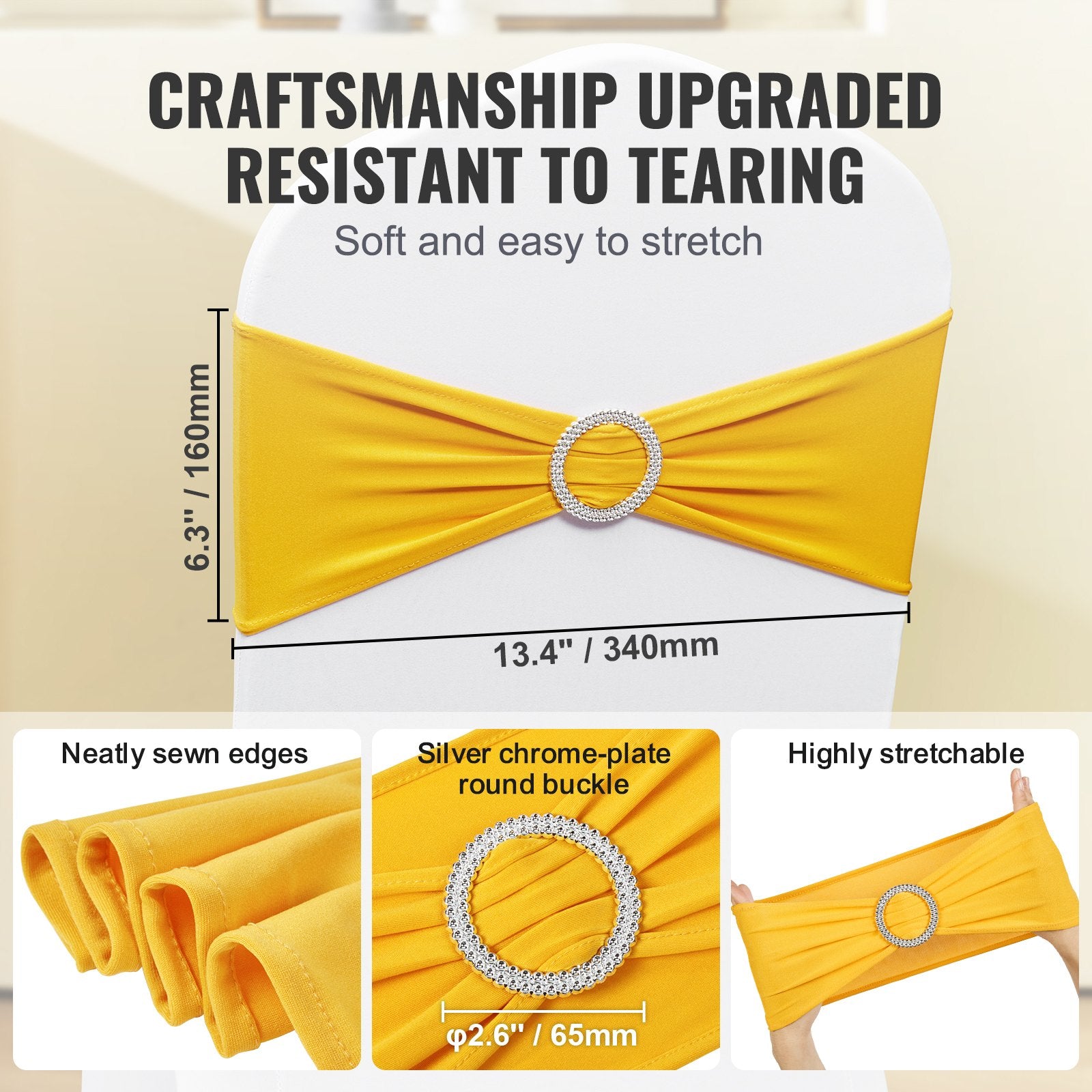 VEVOR Stretch Spandex Chair Sashes, Chair Slipcover and Stretch Chair Sash with Round Buckle, Elastic Chair Bands, Fitting Wedding, Holiday, Banquet, Party Chair Decoration 50 PCS Golden Yellow