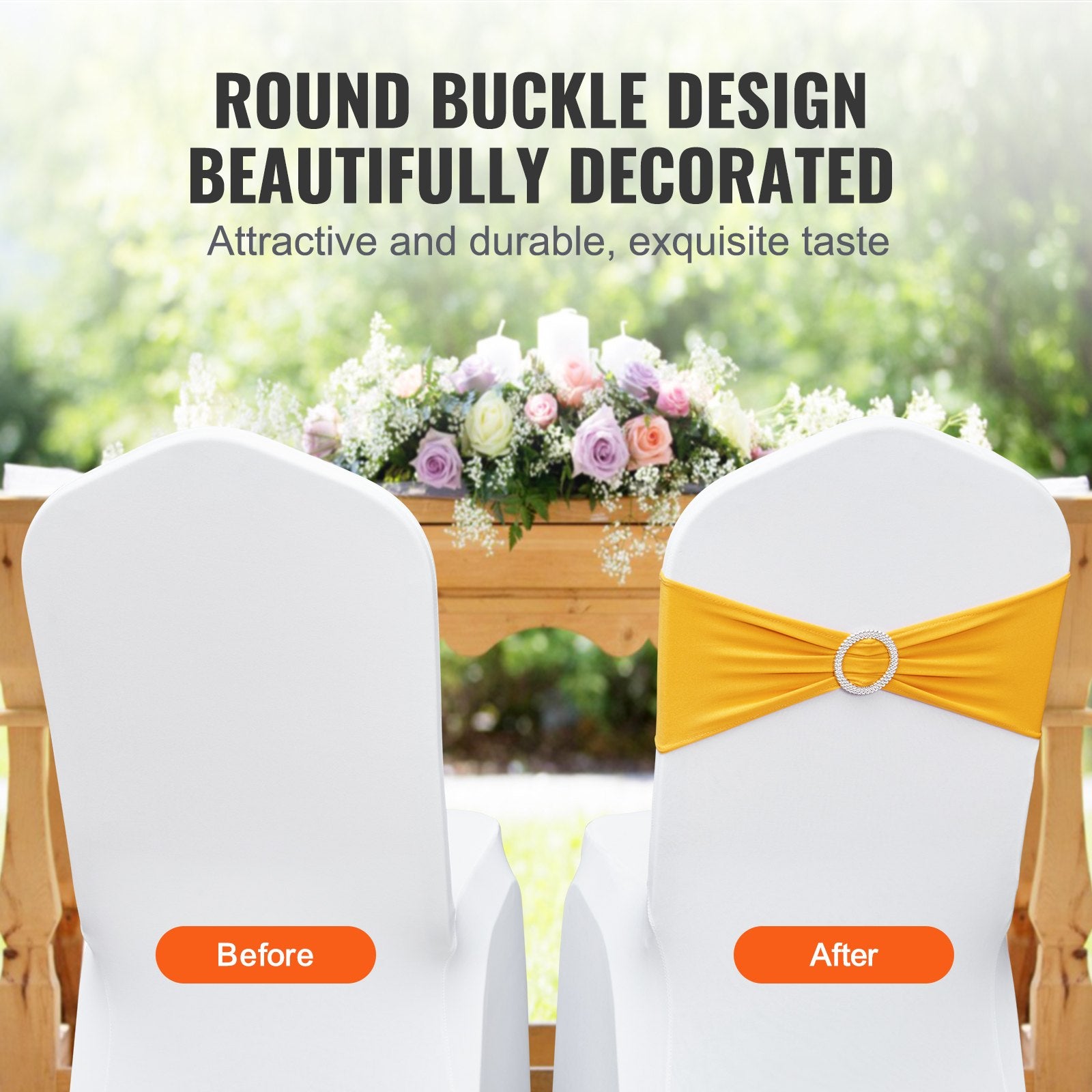 VEVOR Stretch Spandex Chair Sashes, Chair Slipcover and Stretch Chair Sash with Round Buckle, Elastic Chair Bands, Fitting Wedding, Holiday, Banquet, Party Chair Decoration 50 PCS Golden Yellow