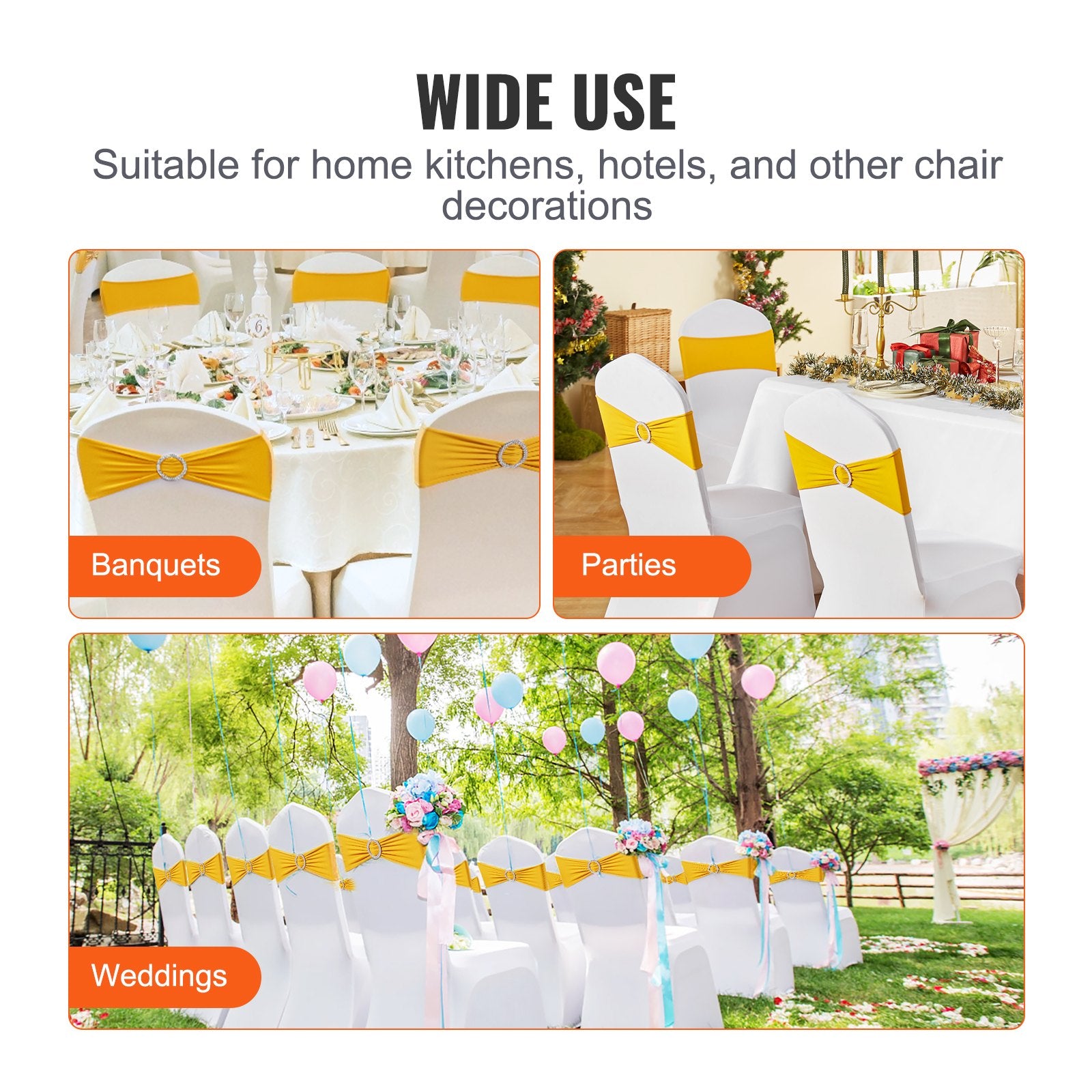 VEVOR Stretch Spandex Chair Sashes, Chair Slipcover and Stretch Chair Sash with Round Buckle, Elastic Chair Bands, Fitting Wedding, Holiday, Banquet, Party Chair Decoration 50 PCS Golden Yellow