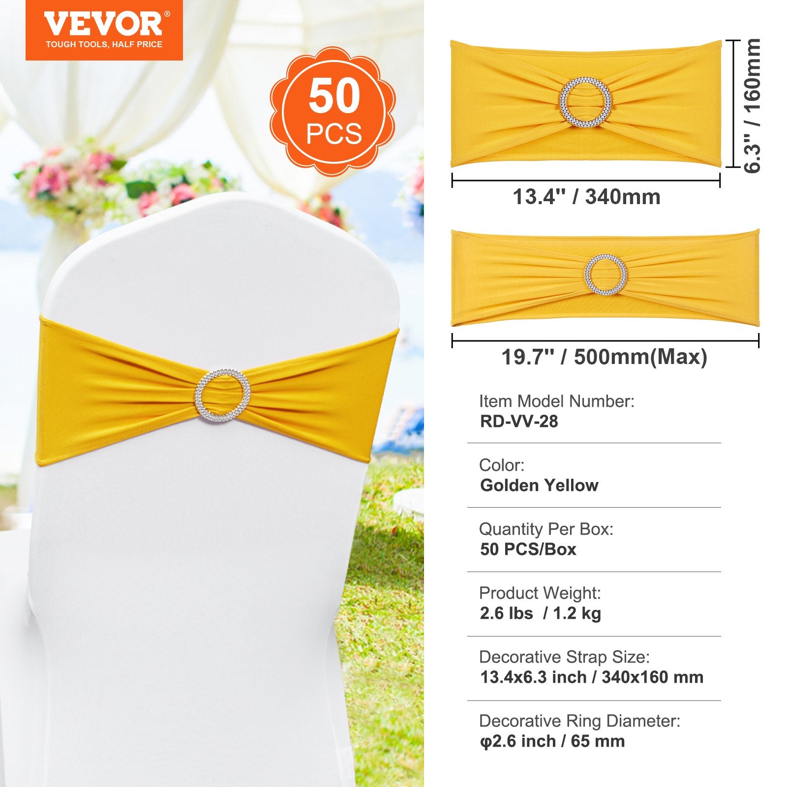 VEVOR Stretch Spandex Chair Sashes, Chair Slipcover and Stretch Chair Sash with Round Buckle, Elastic Chair Bands, Fitting Wedding, Holiday, Banquet, Party Chair Decoration 50 PCS Golden Yellow