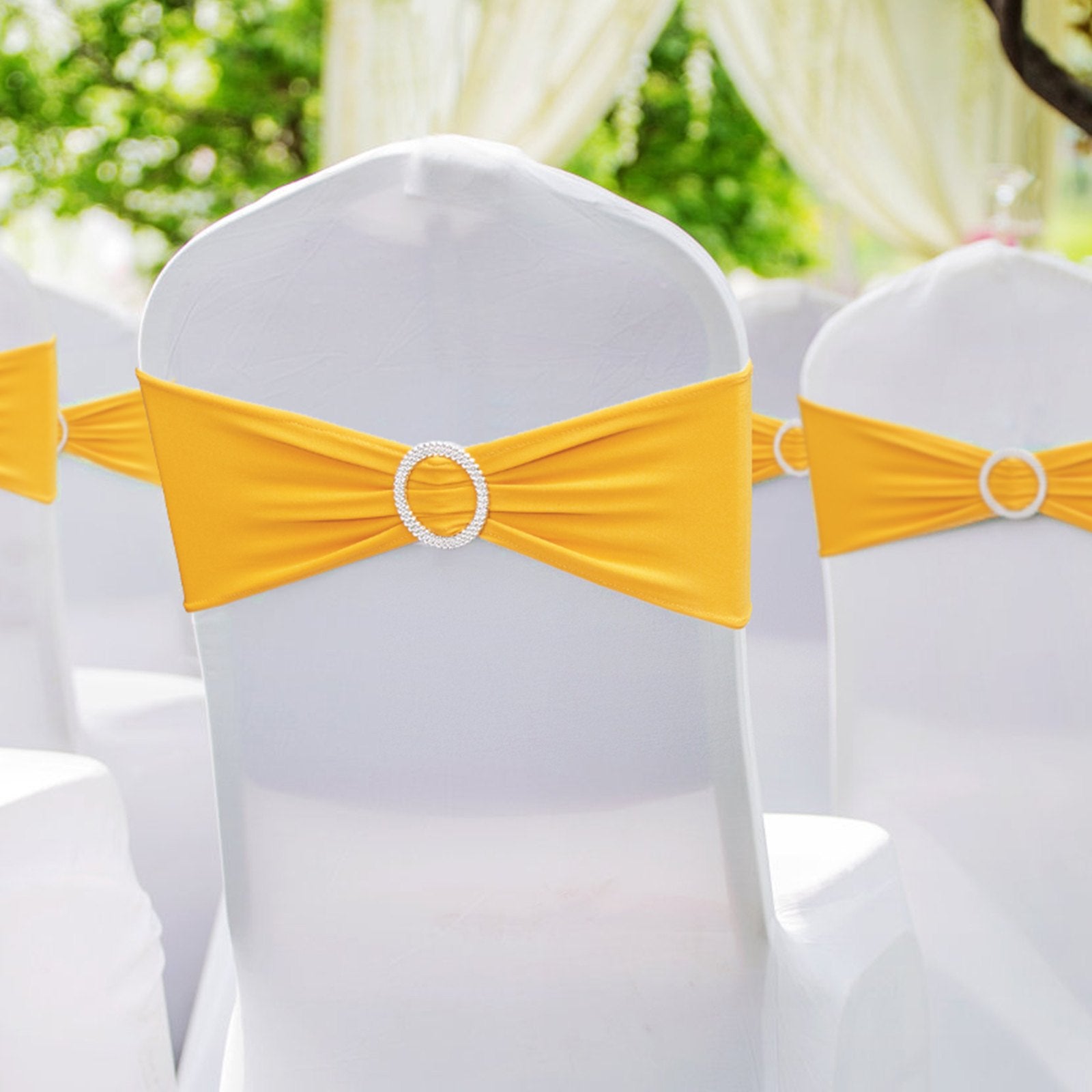 VEVOR Stretch Spandex Chair Sashes, Chair Slipcover and Stretch Chair Sash with Round Buckle, Elastic Chair Bands, Fitting Wedding, Holiday, Banquet, Party Chair Decoration 50 PCS Golden Yellow