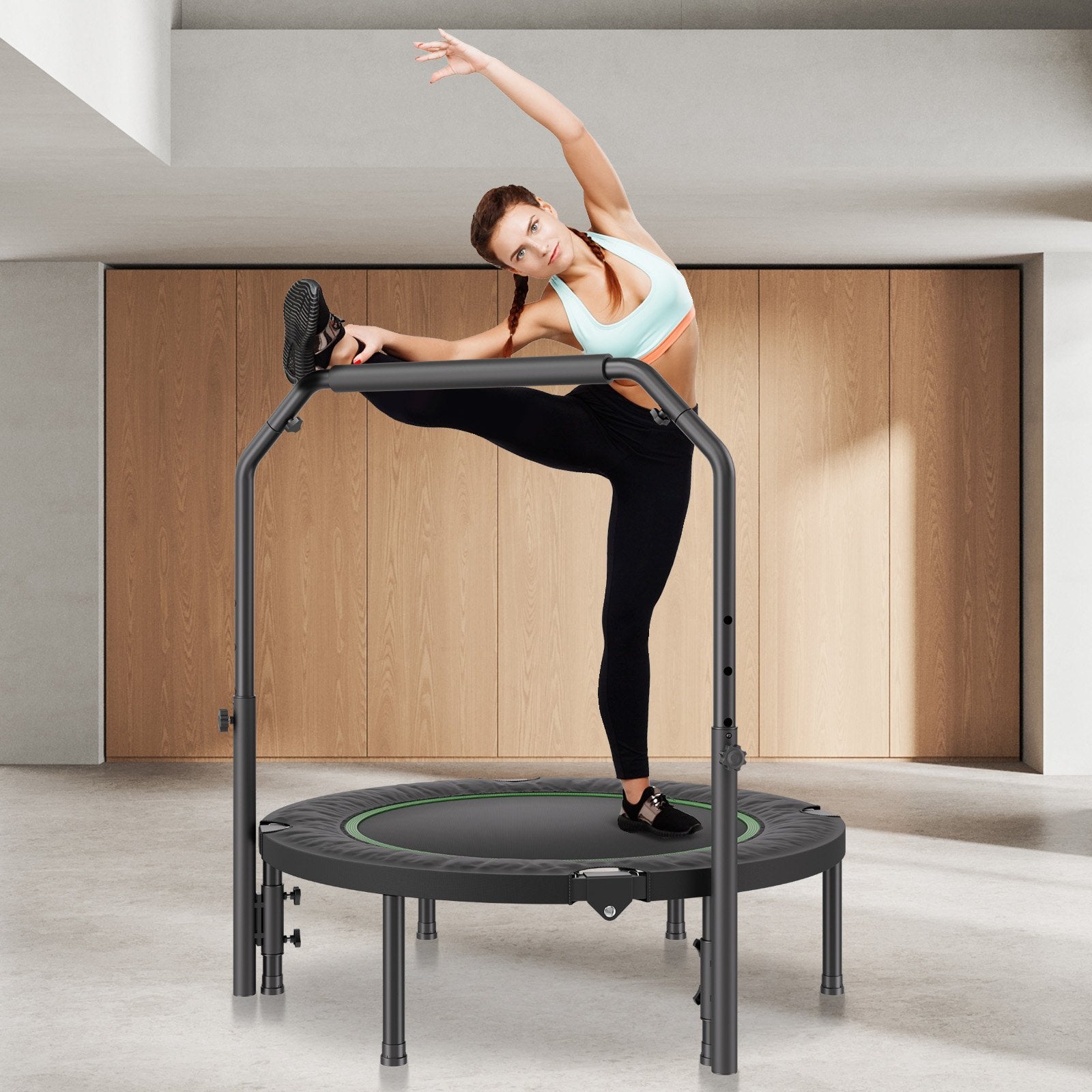 VEVOR Foldable Mini Trampoline, 40 Inch Fitness Rebounder, Max Load 330lbs Exercise Trampoline, Stable & Quiet Trampoline with 4 Level Height Adjustable Foam Handle, for Adults Indoor/Garden Workout