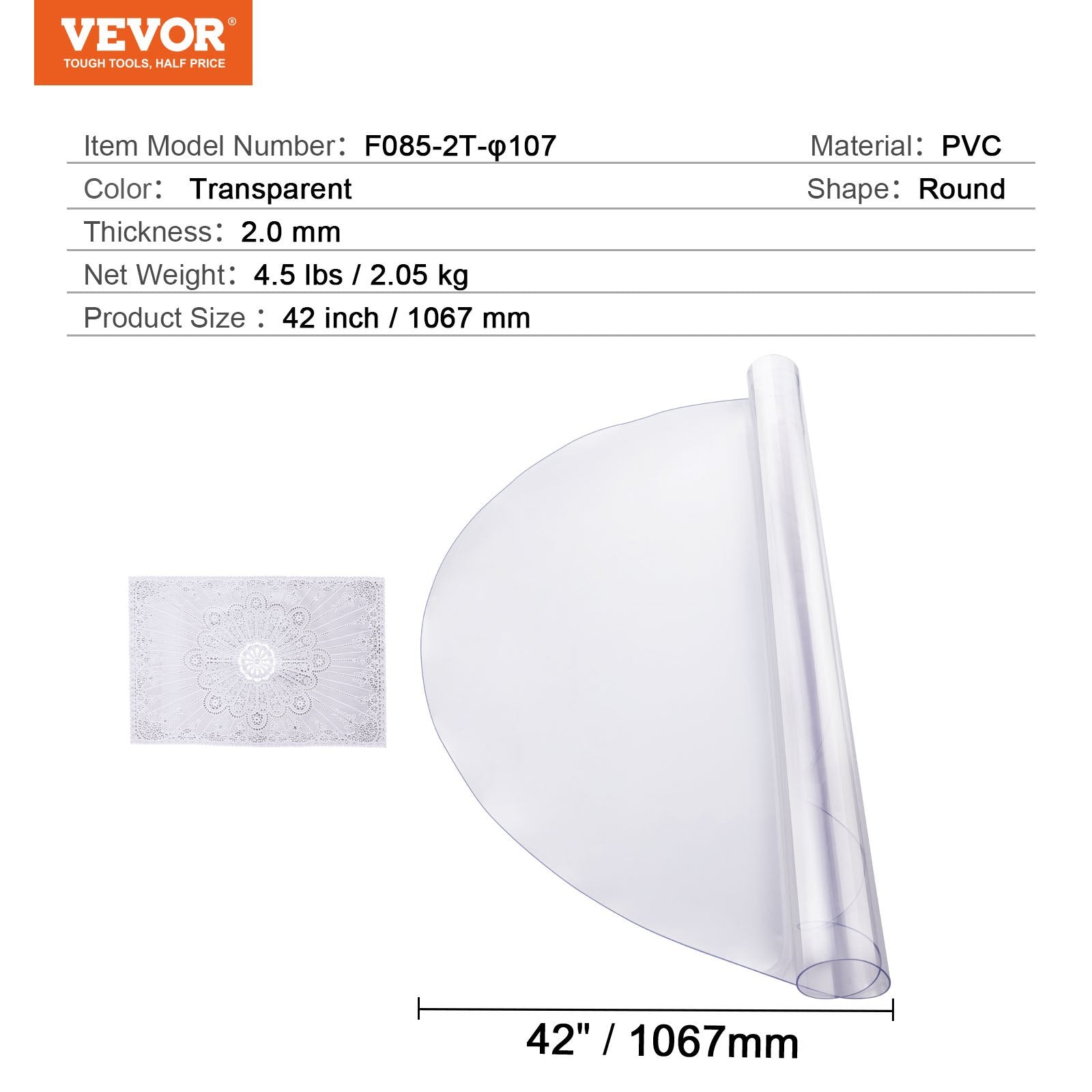VEVOR Plastic Table Cover, 42 x 42 Inch 2.0 mm Thick Clear Table Protector, Round PVC Desk Mat, Waterproof & Easy Cleaning Desk Pad Tablecloth, for Office Dresser Dining Room Table Night Stand