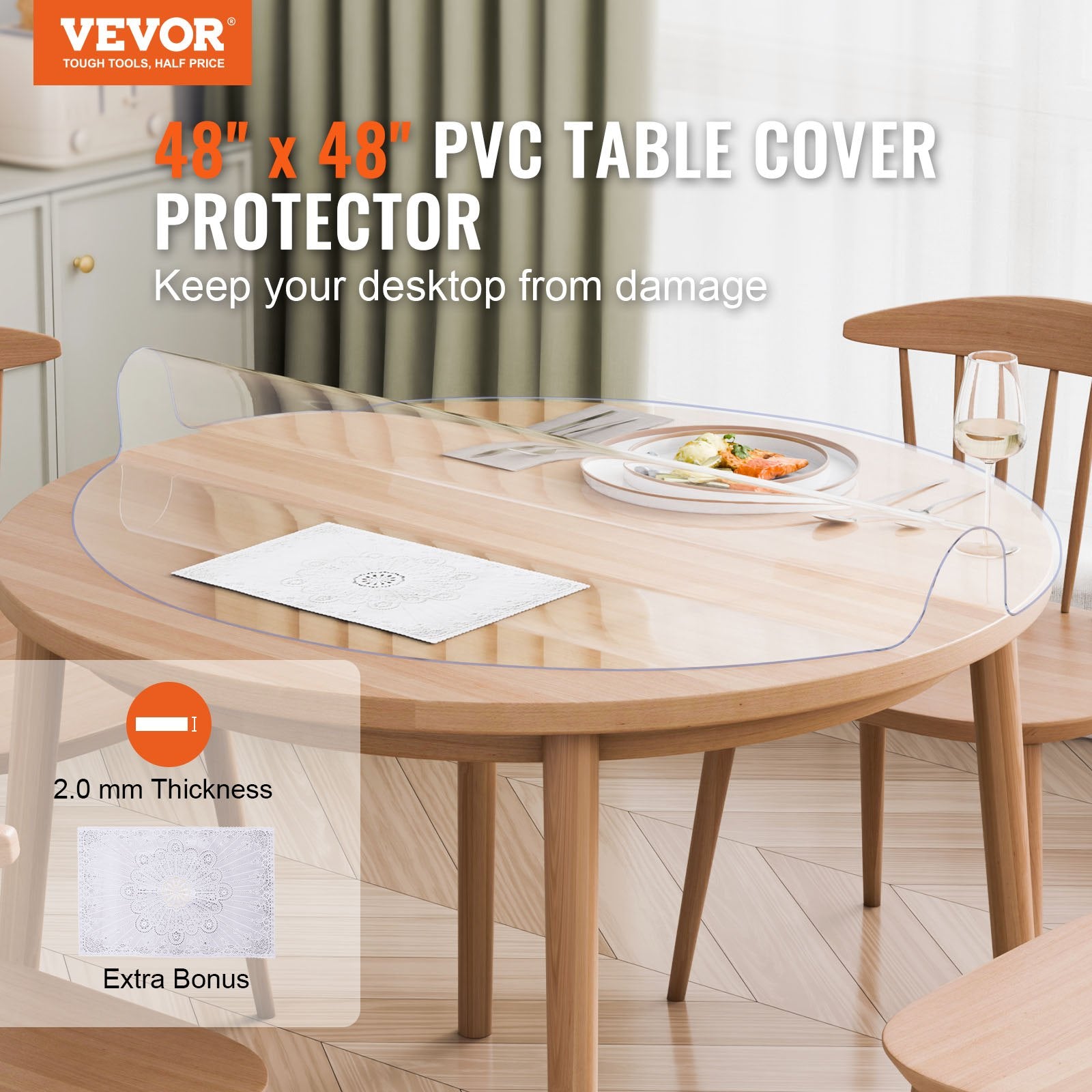 VEVOR Plastic Table Cover, 48 x 48 Inch 2.0 mm Thick Clear Table Protector, Round PVC Desk Mat, Waterproof & Easy Cleaning Desk Pad Tablecloth, for Office Dresser Dining Room Table Night Stand