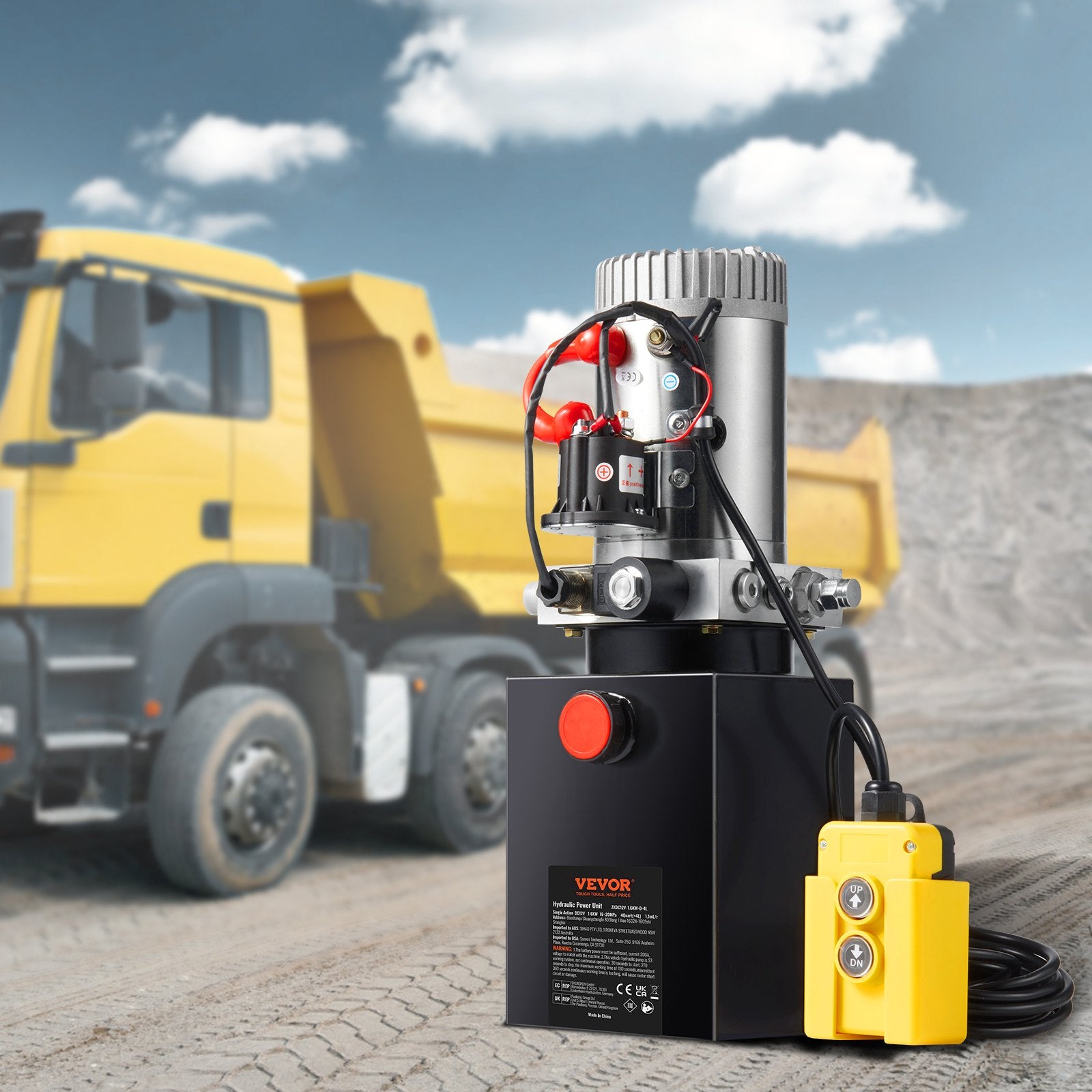 VEVOR Hydraulic Pump, 4 Quart Hydraulic Power Unit, Single Acting Dump Trailer Pump, 0.91 GPM Flow Rate, 3200 PSI Max Relief Pressure, DC 12V Hydraulic Pump for Dump Trailer Car Lifting