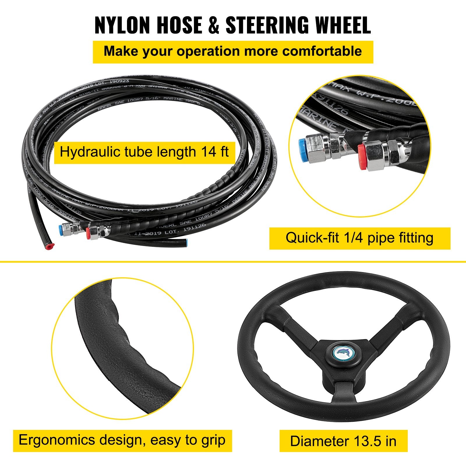 VEVOR Hydraulic Boat Steering Kit, 300HP Hydraulic Steering Kit Helm Pump, Hydraulic Outboard Steeing Kit with 4267 mm Hydraulic Steering Hose for Boat Steering System