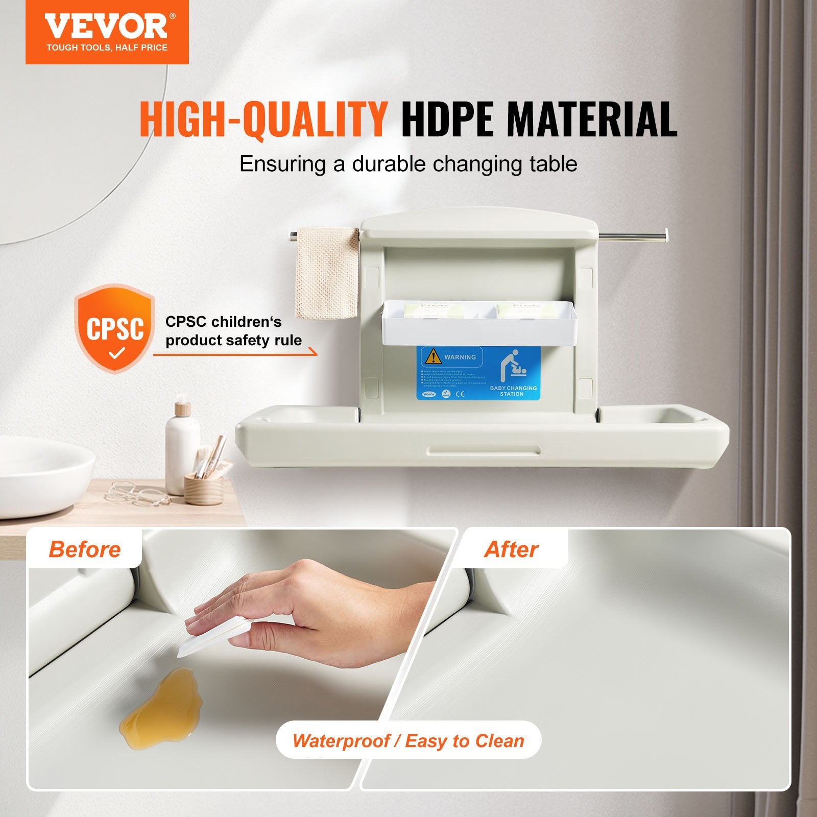 VEVOR Wall-Mounted Baby Changing Station, Horizontal Foldable Diaper Change Table with Safety Straps and Hanging Rods, Use in Commercial Bathrooms, Daycare Centers for Newborns & Infant